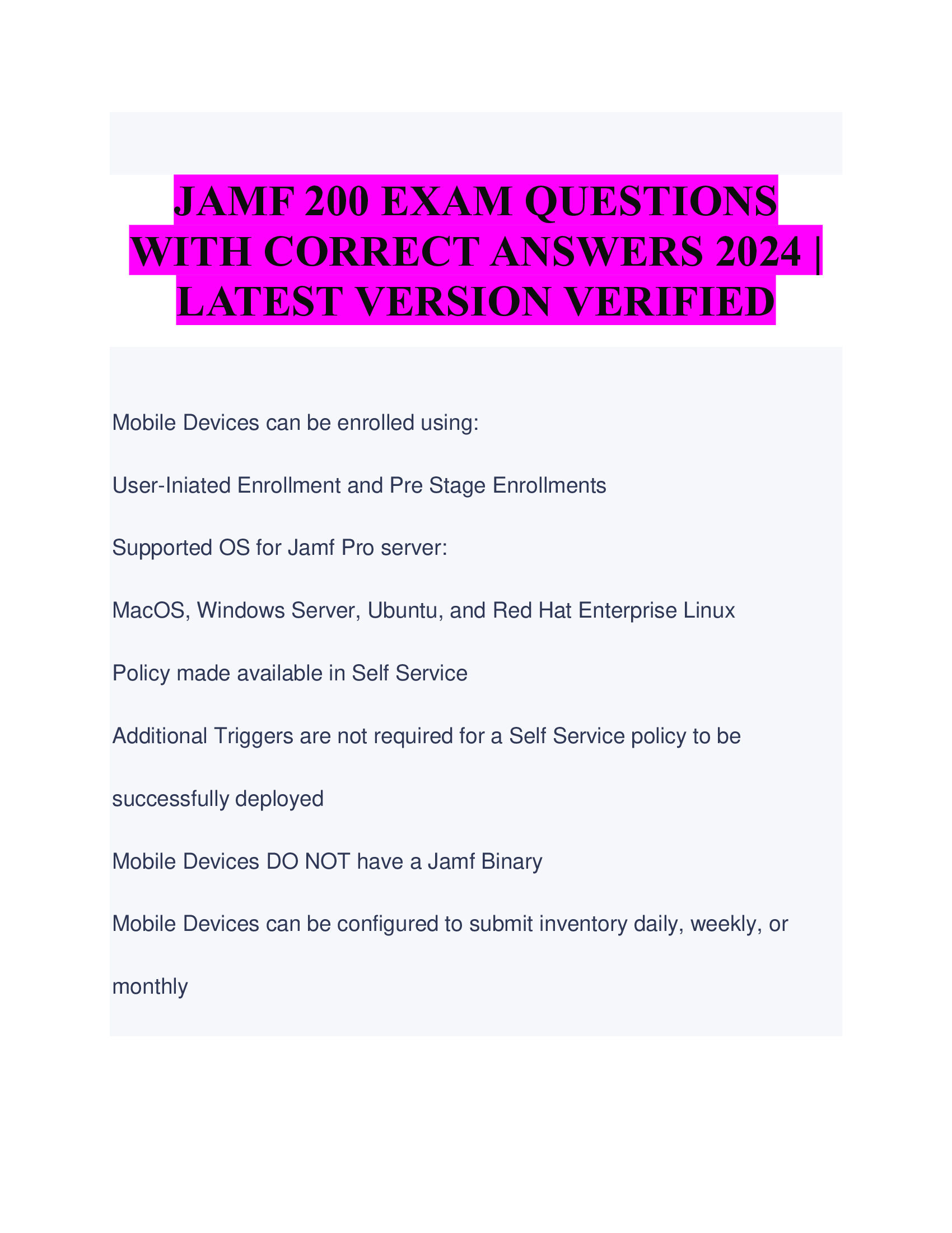 JAMF 200 EXAM QUESTIONS  WITH CORRECT ANSWERS 2024,2026 | LATEST VERSION VERIFIED