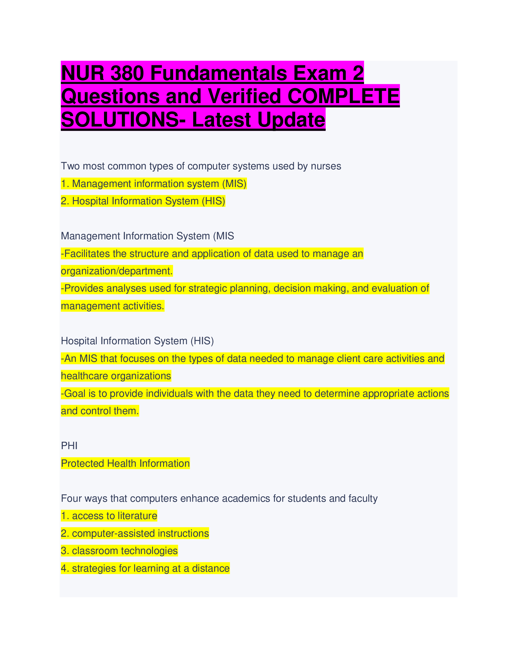 NUR 380 Fundamentals Exam 2 Questions and Verified COMPLETE  SOLUTIONS- Latest Update