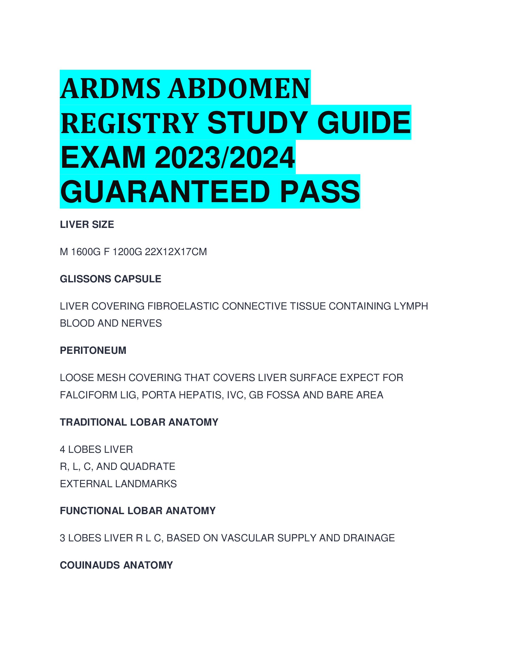 ARDMS ABDOMEN REGISTRY STUDY GUIDE  EXAM 2023,2024  GUARANTEED PASS