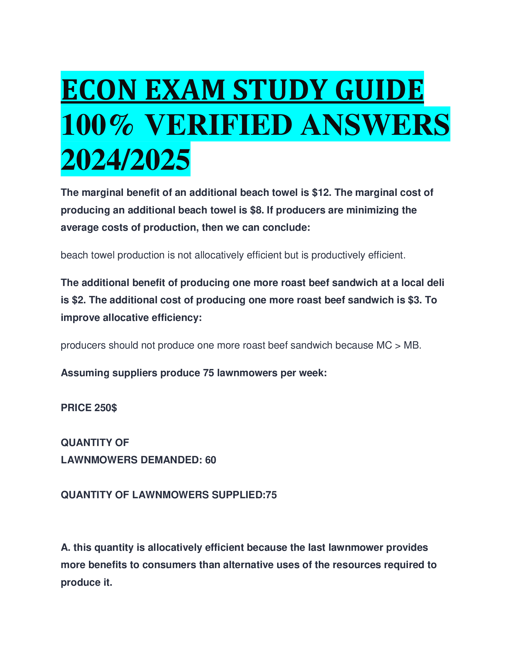 ECON EXAM STUDY GUIDE VERIFIED ANSWERS  20242026