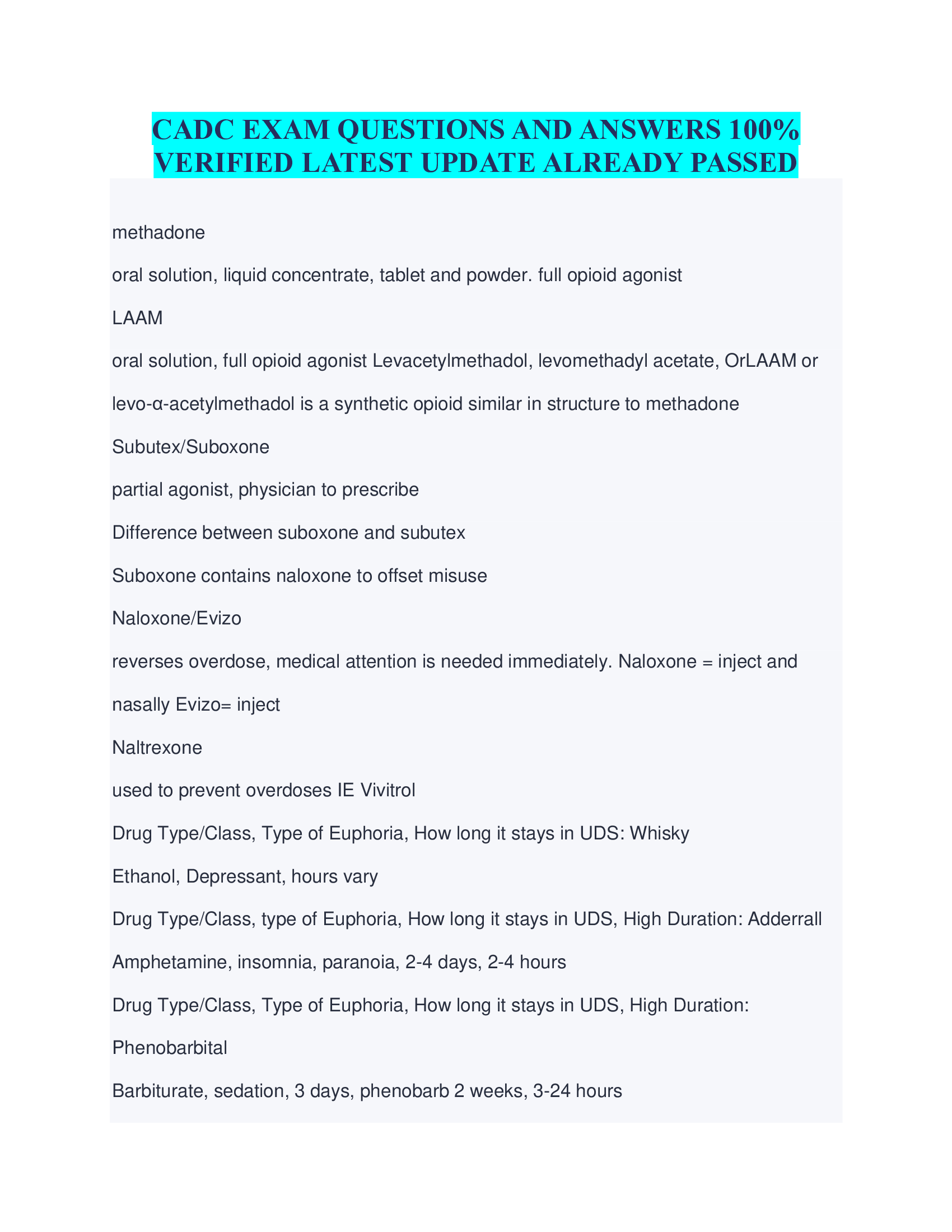 CADC EXAM QUESTIONS AND ANSWERS VERIFIED LATEST UPDATE ALREADY PASSED