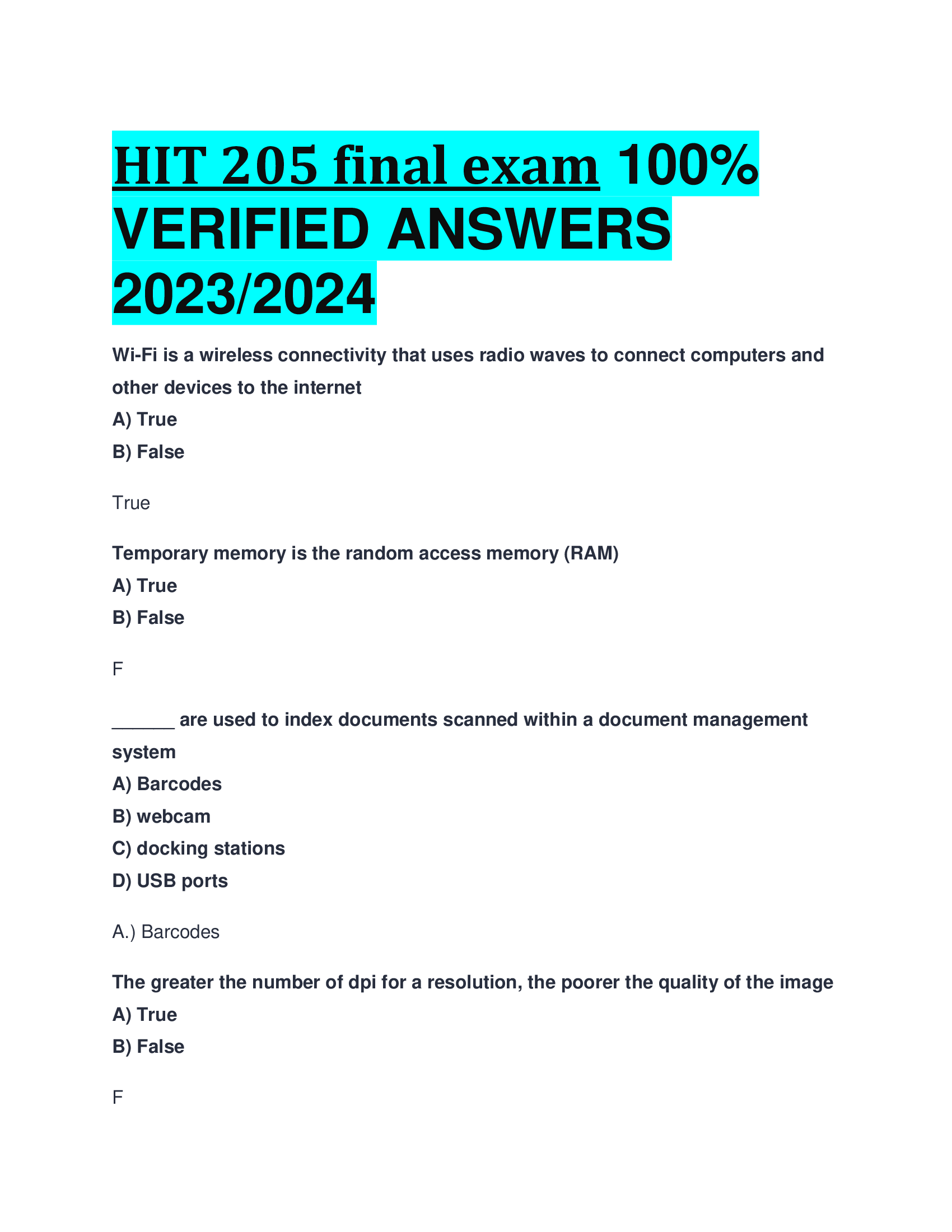 HIT 205 final exam VERIFIED ANSWERS  2023,2024