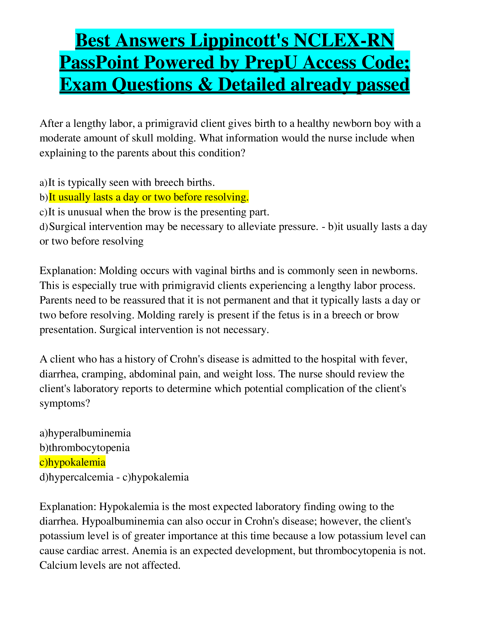 Best Answers Lippincott's NCLEX-RN PassPoint Powered by PrepU Access Code; Exam Questions & Detailed already passed