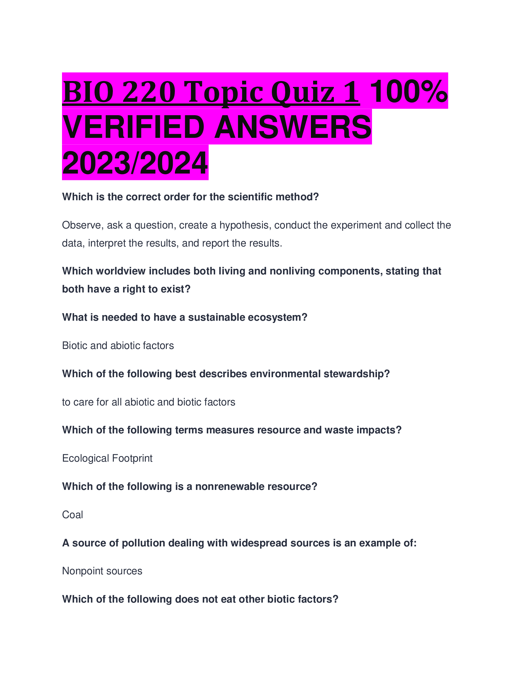BIO 220 Topic Quiz 1   VERIFIED ANSWERS  2023,2024