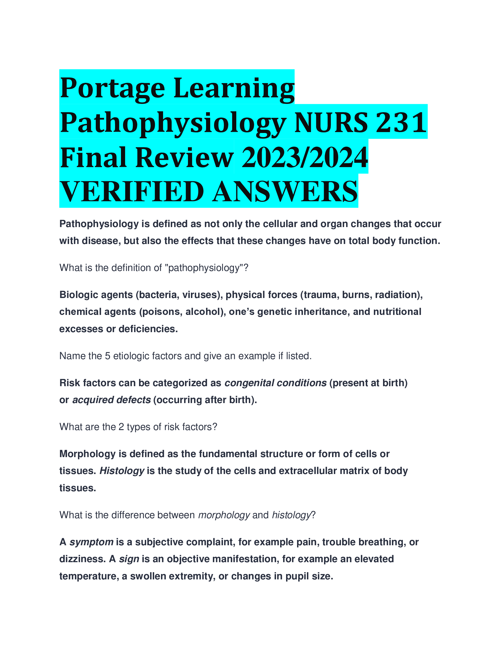 Portage Learning Pathophysiology NURS 231 Final Review 2023,2024  VERIFIED ANSWERS