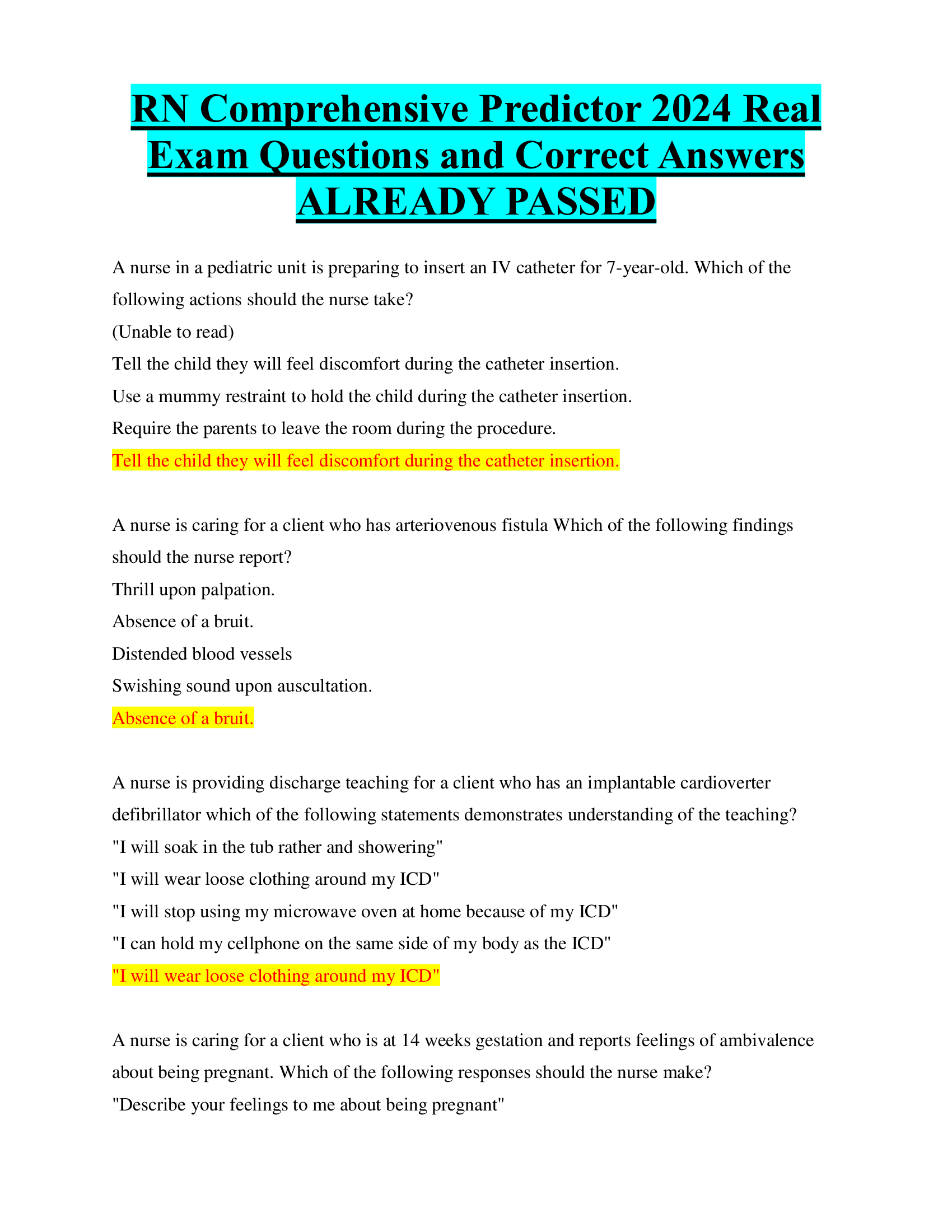 RN Comprehensive Predictor 2024 Real  Exam Questions and Correct Answers ALREADY PASSED