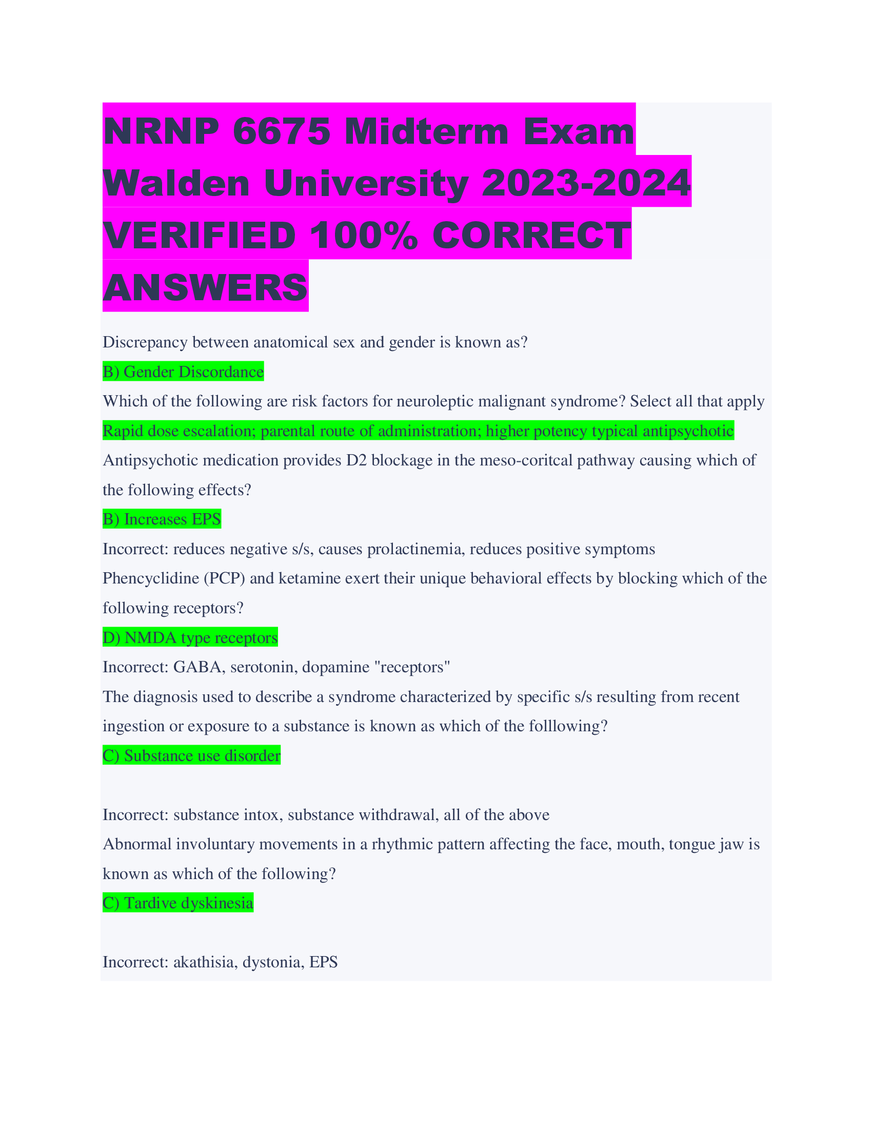 BEST ANSWERSNRNP 6675 Midterm Exam  Walden University 2023-2024 VERIFIED 100% CORRECT  ANSWERS