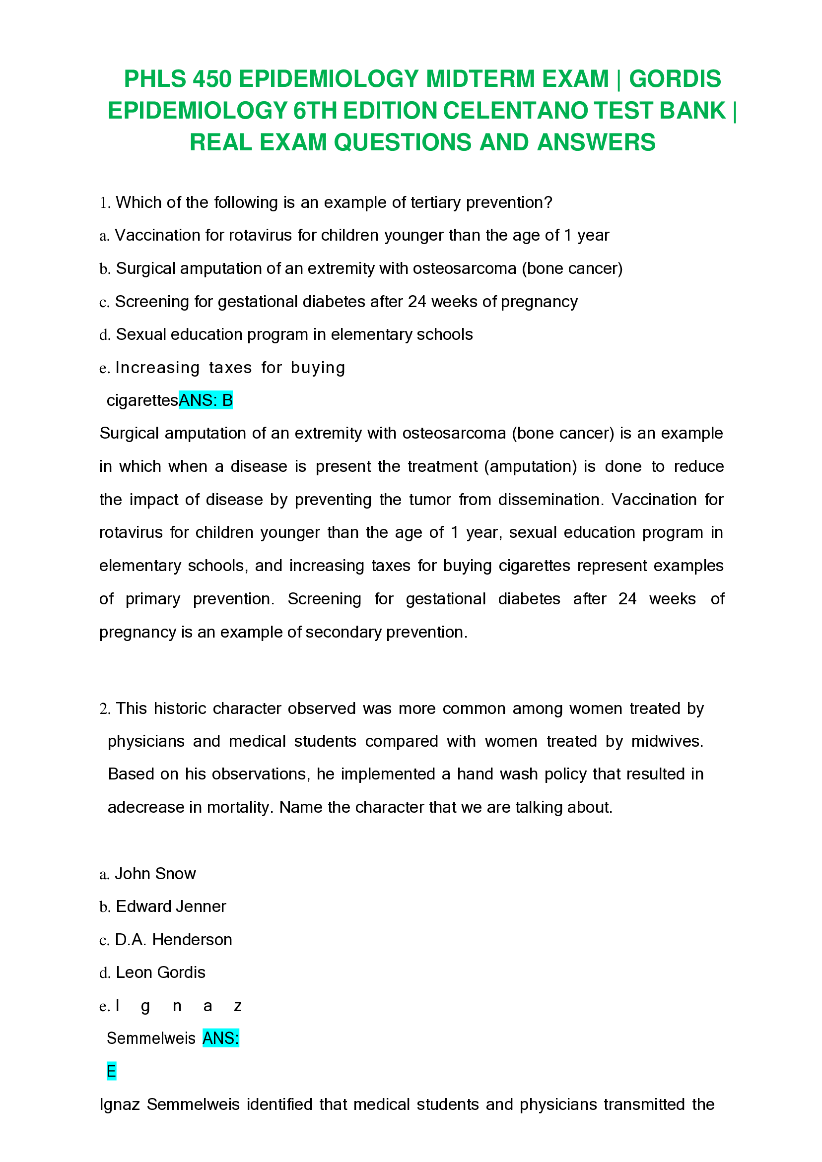 PHLS 450 EPIDEMIOLOGY MIDTERM EXAM | GORDIS EPIDEMIOLOGY 6TH EDITION CELENTANO TEST BANK | REAL EXAM QUESTIONS AND ANSWERS