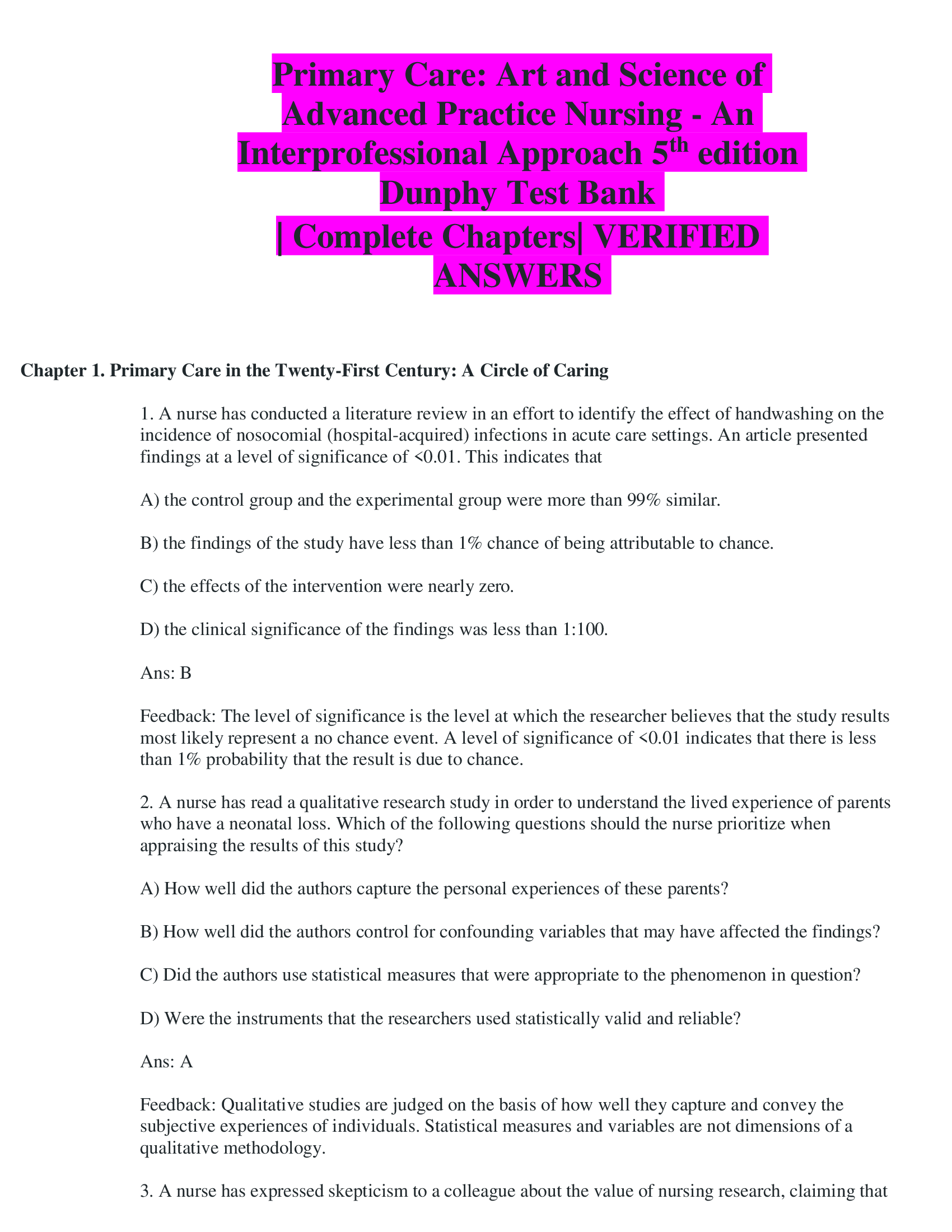 Primary Care: Art and Science of Advanced Practice Nursing - An  Interprofessional Approach 5th edition  Dunphy Test Bank  | Complete Chapters| VERIFIED  ANSWERS