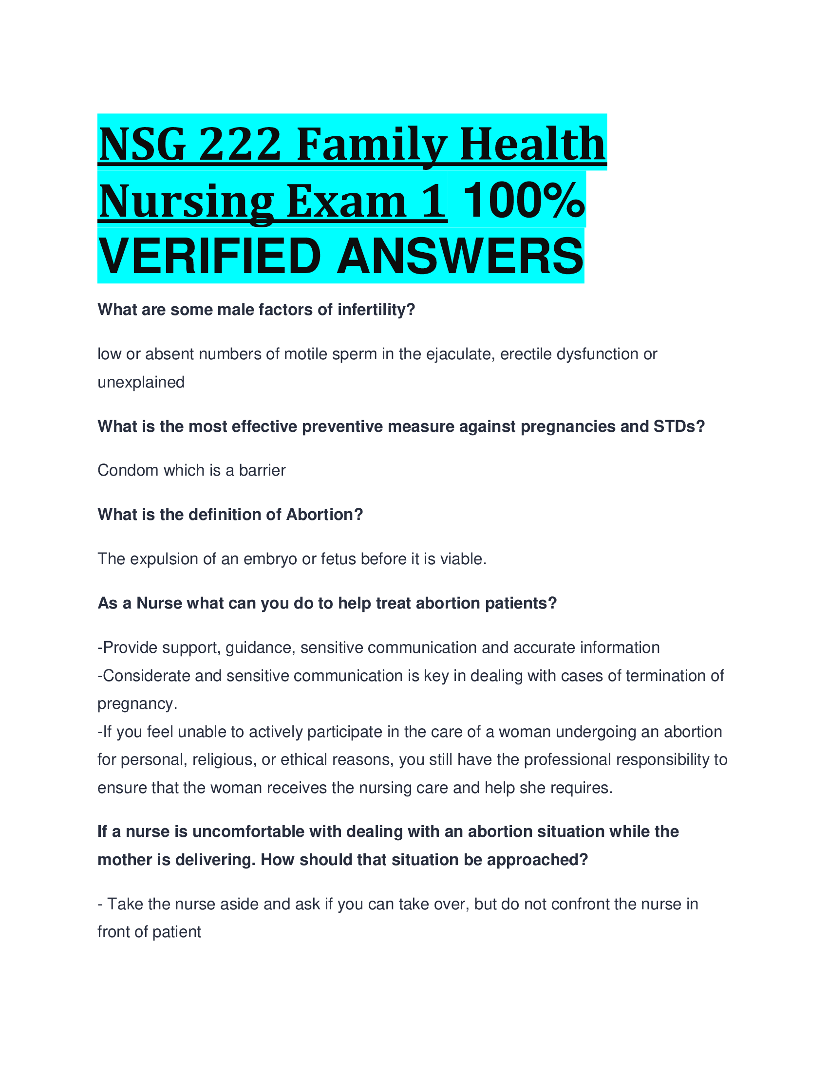 NSG 222 Family Health Nursing Exam 1 VERIFIED ANSWERS