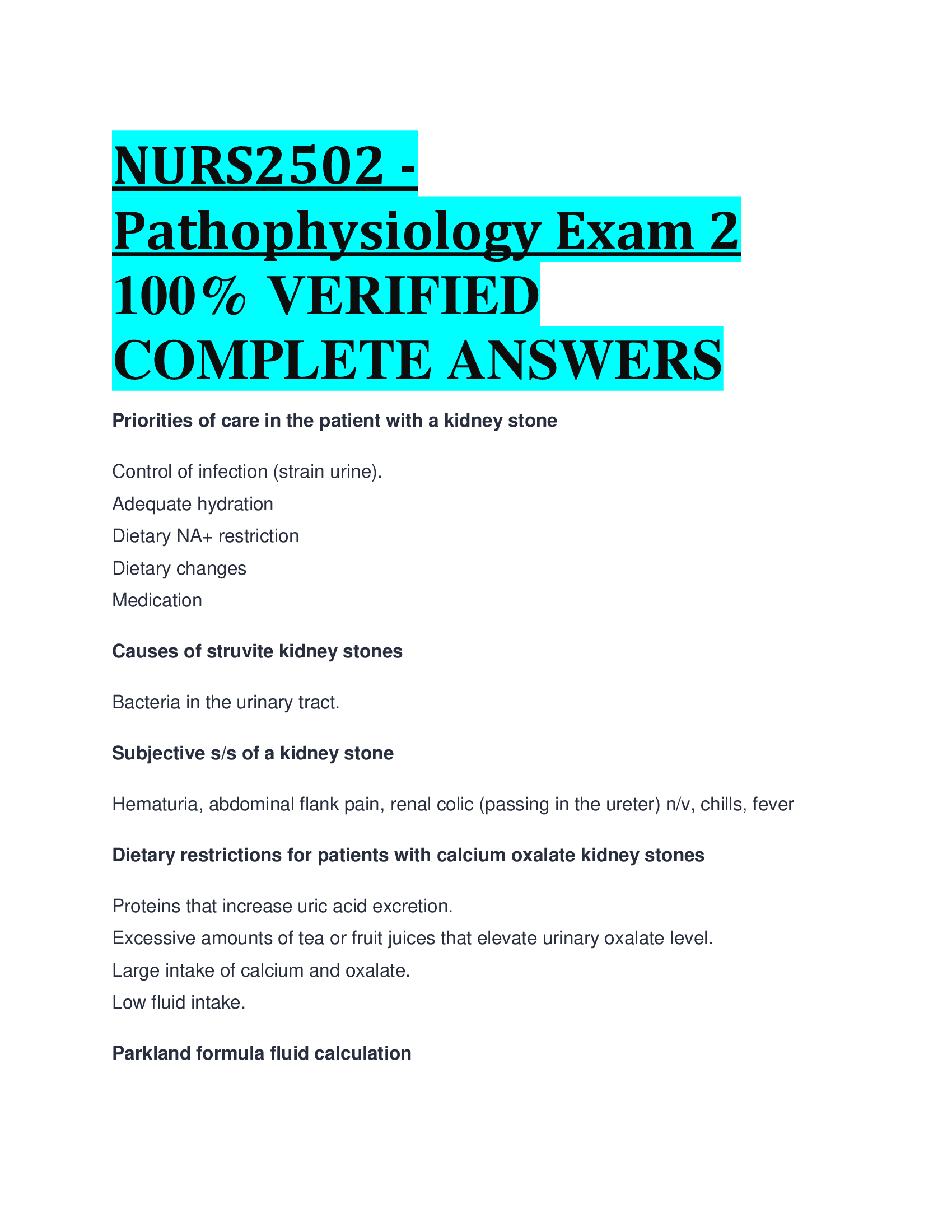 NURS2502 - Pathophysiology Exam 2 VERIFIED  COMPLETE ANSWERS