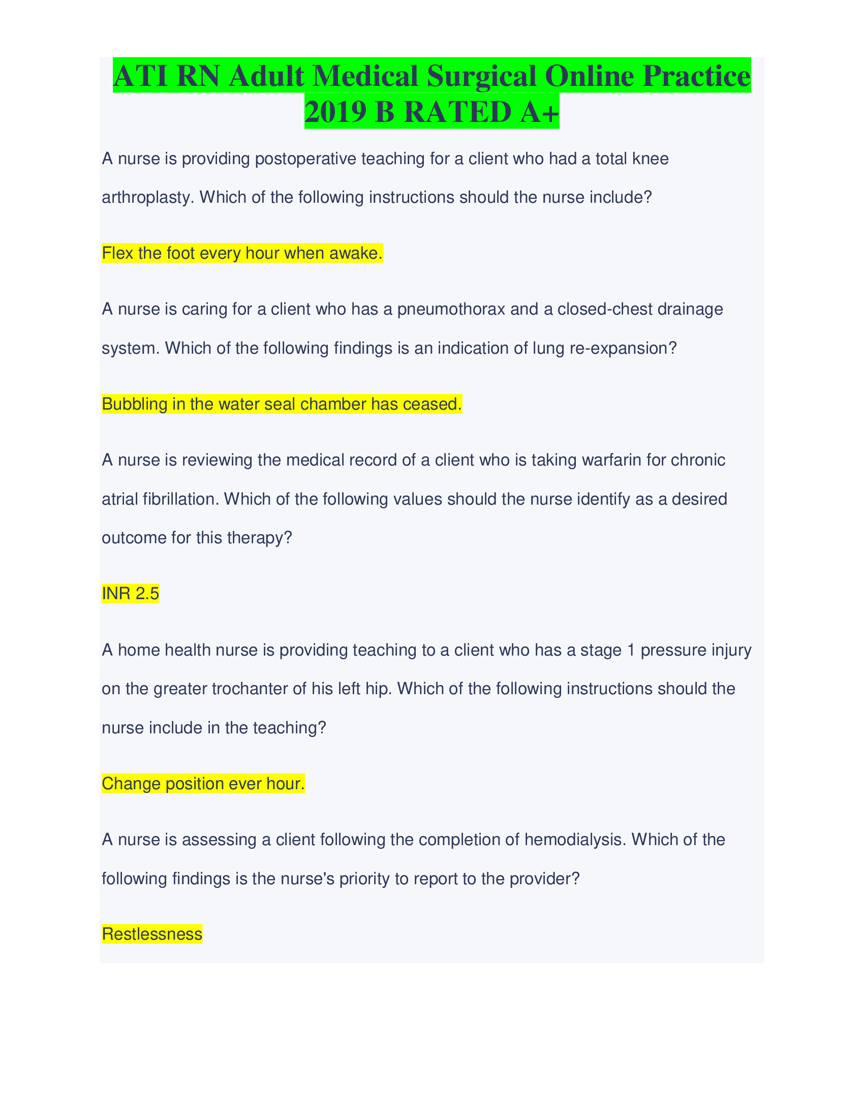 ATI RN Adult Medical Surgical Online Practice  2019 B RATED A