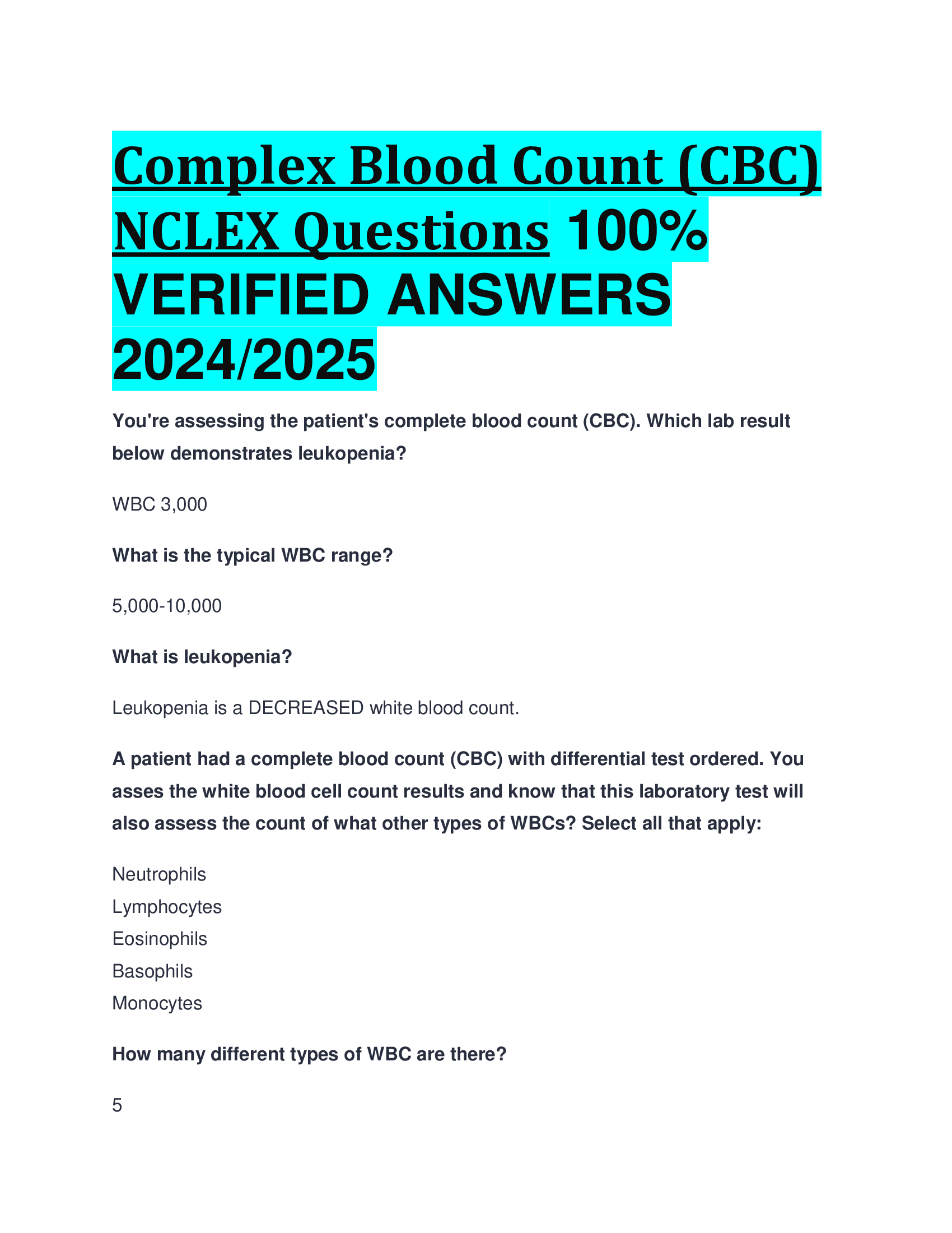 Complex Blood Count (CBC) NCLEX Questions VERIFIED ANSWERS  20242026