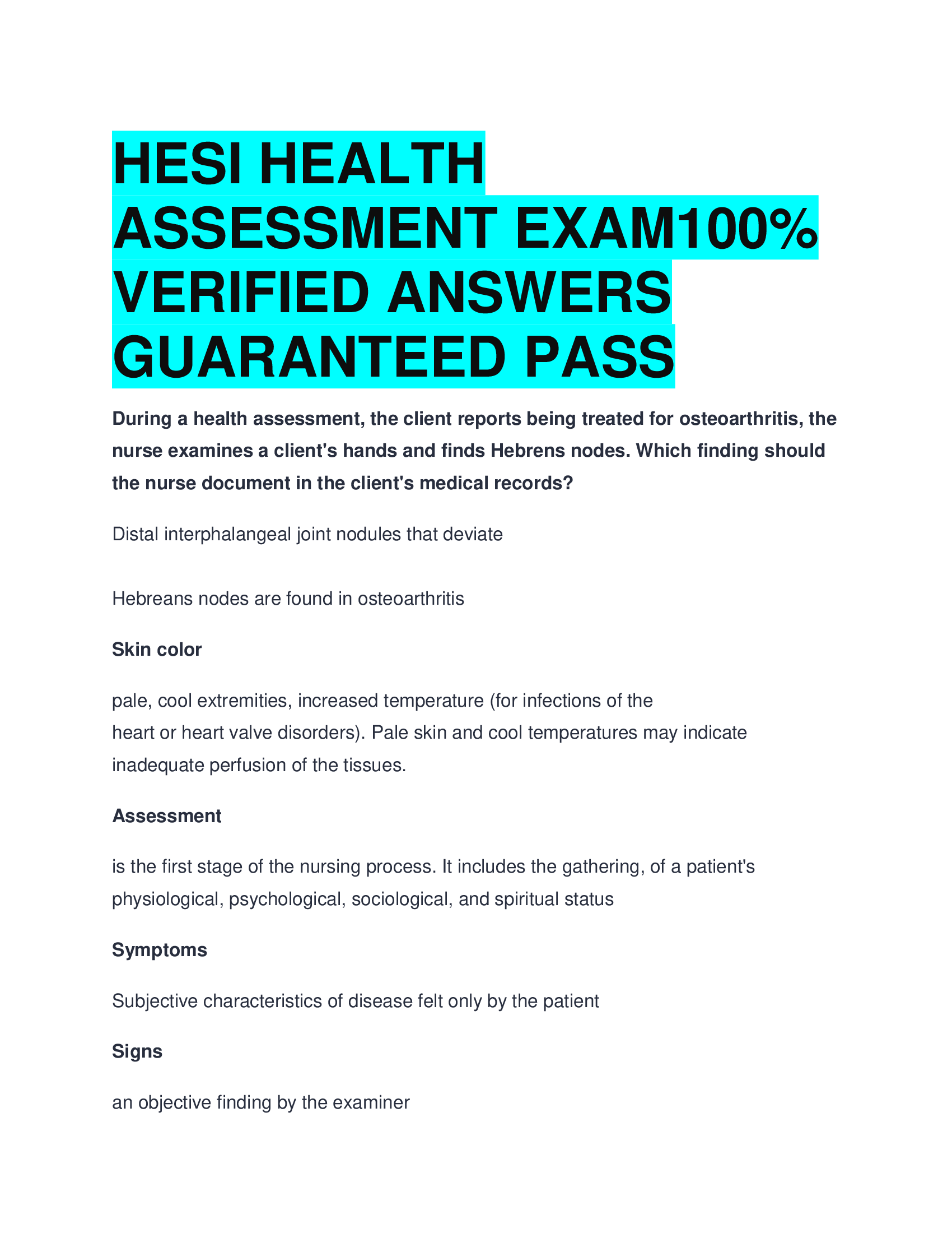 HESI HEALTH  ASSESSMENT EXAM VERIFIED ANSWERS  GUARANTEED PASS