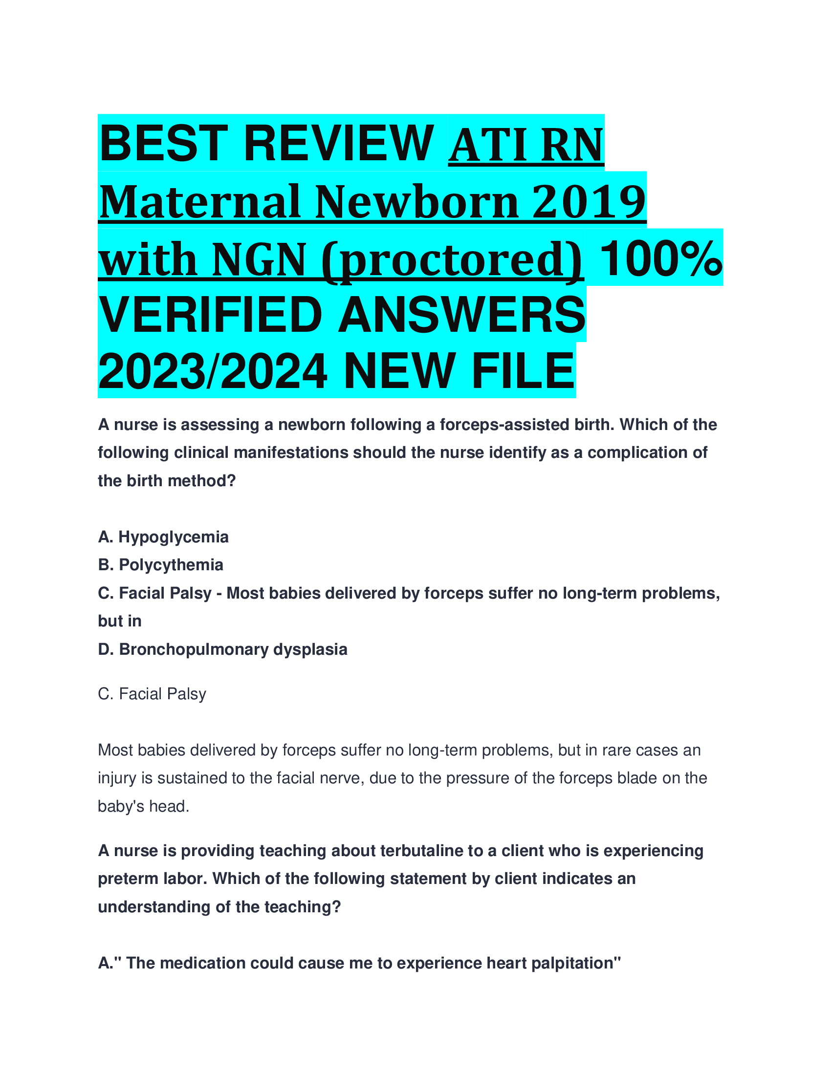 BEST REVIEW ATI RN Maternal Newborn 2019 with NGN (proctored) VERIFIED ANSWERS  2023,2024 NEW FILE