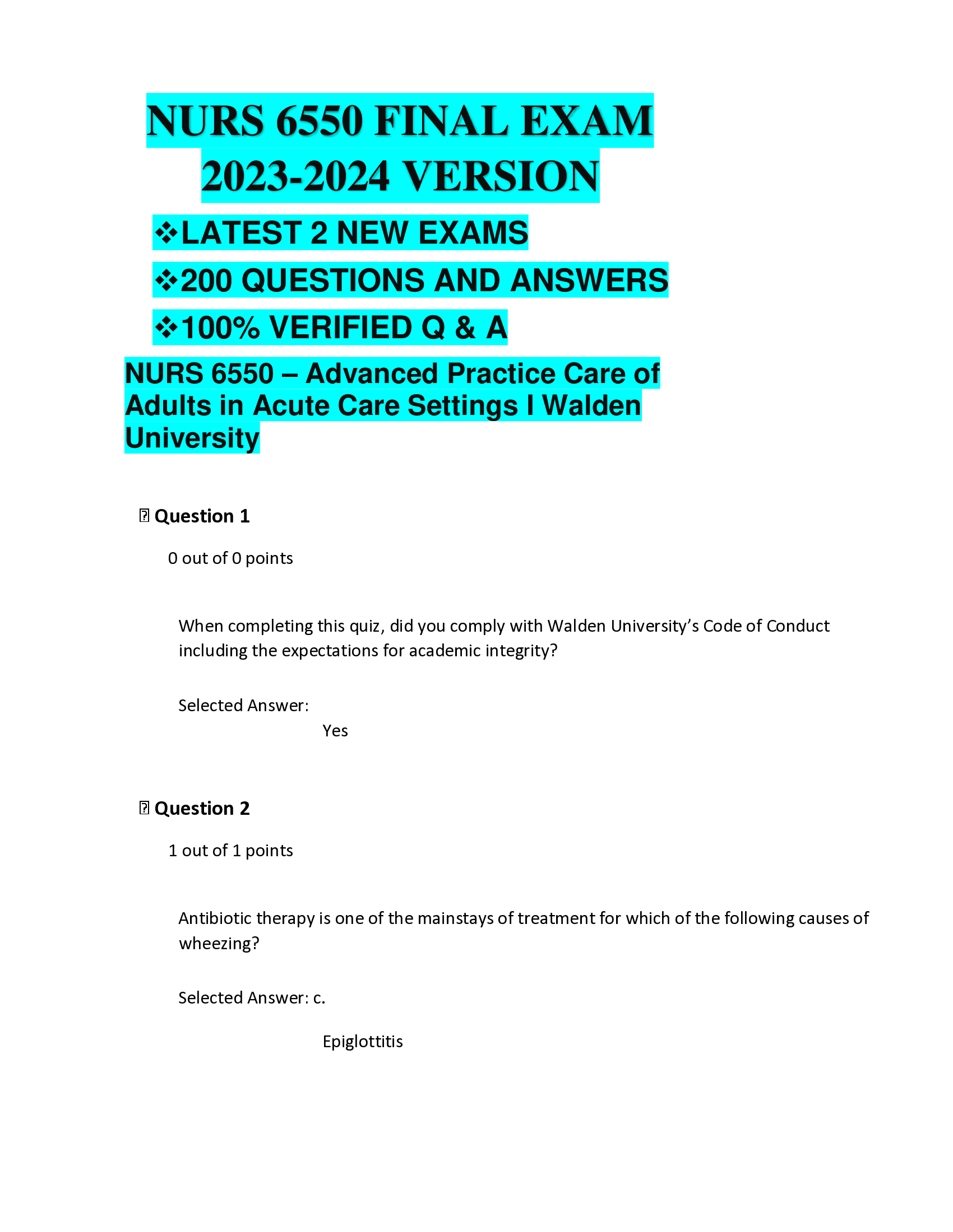 NURS 6550 FINAL EXAM 2023-2024 VERSION LATEST 2 NEW EXAMS 200 QUESTIONS AND ANSWERS  VERIFIED Q & A
