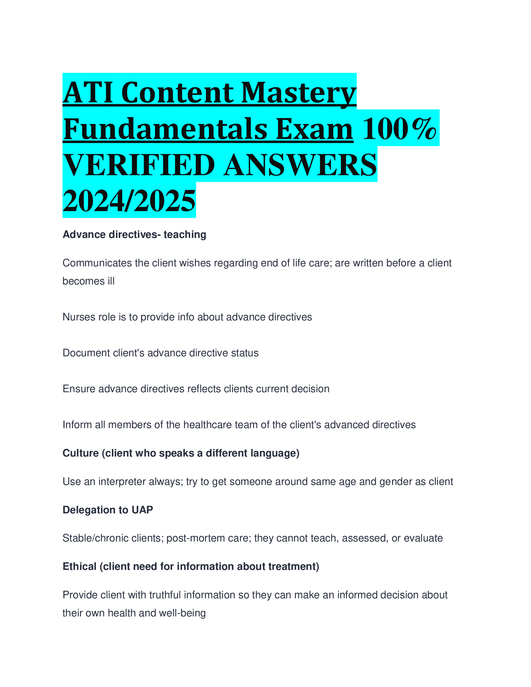 ATI Content Mastery Fundamentals Exam VERIFIED ANSWERS  20242026