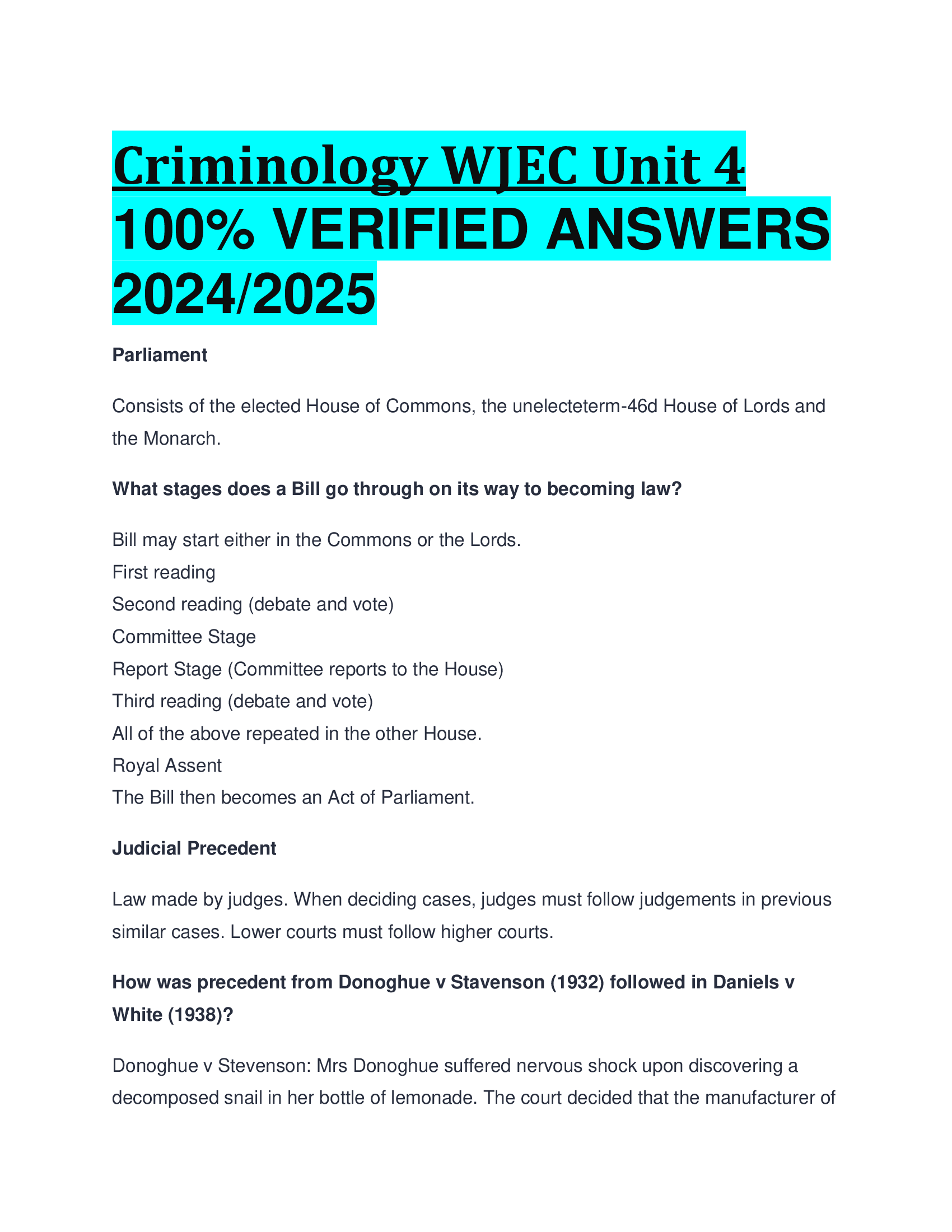 WJEC Criminology: Unit 4- Crime and Punishment VERIFIED ANSWERS  20242026