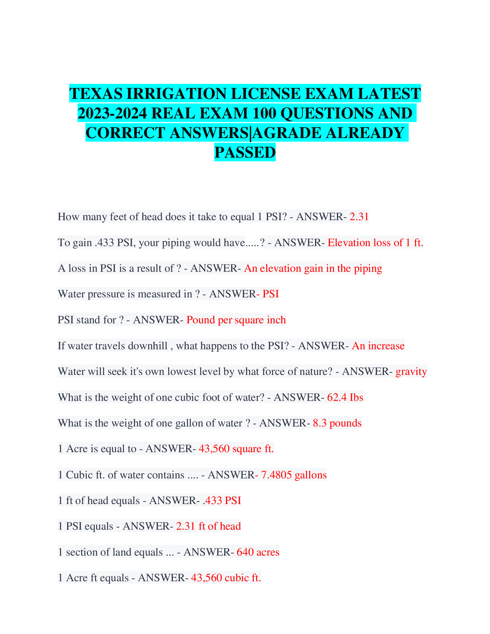 TEXAS IRRIGATION LICENSE EXAM LATEST 2023-2024 REAL EXAM 100 QUESTIONS AND CORRECT ANSWERS|AGRADE ALREADY  PASSED