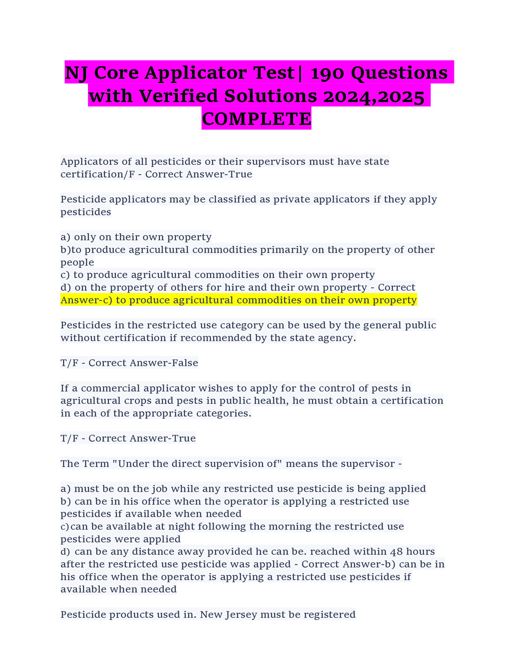 NJ Core Applicator Test| 190 Questions  with Verified Solutions 2024,2026  COMPLETE