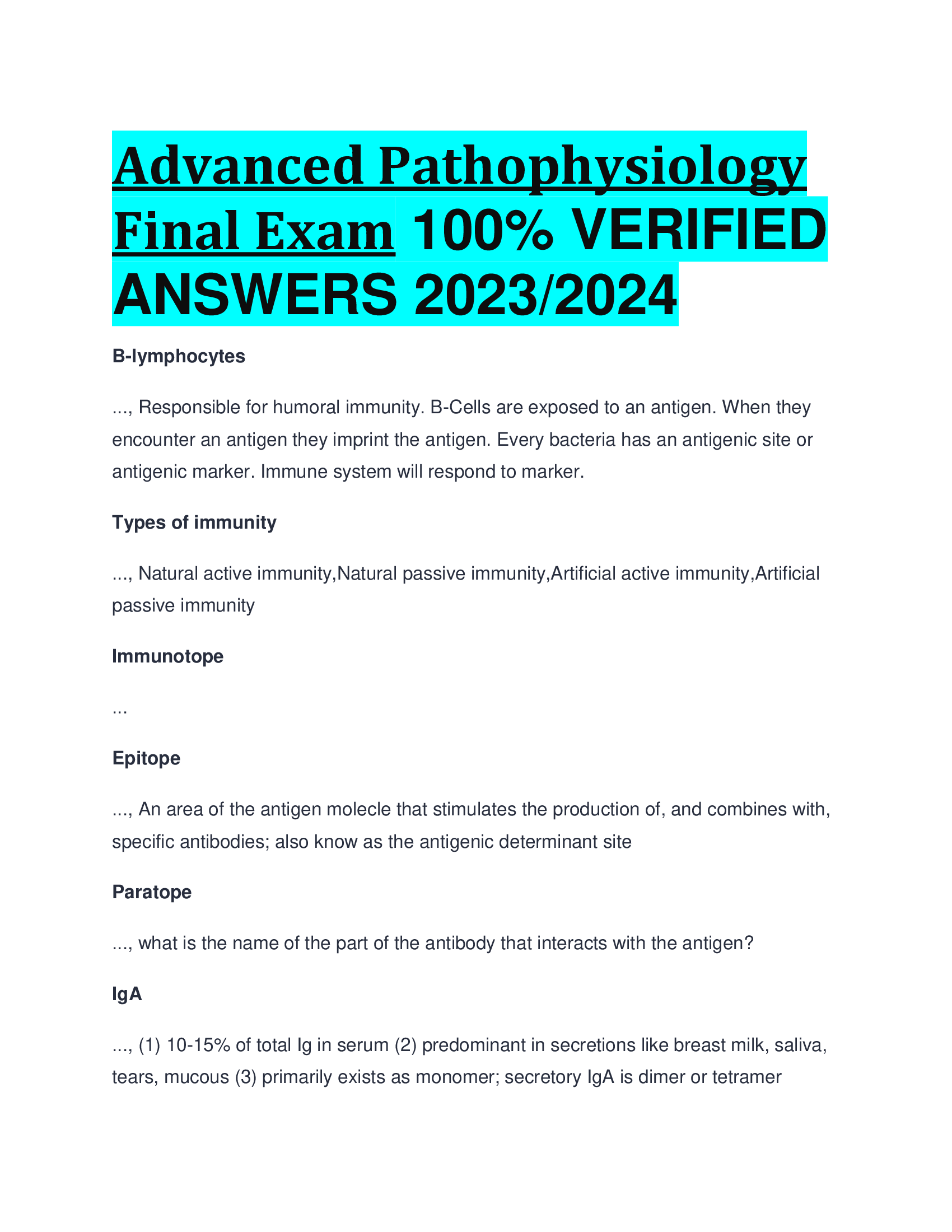 Advanced Pathophysiology Final Exam VERIFIED  ANSWERS 2023,2024