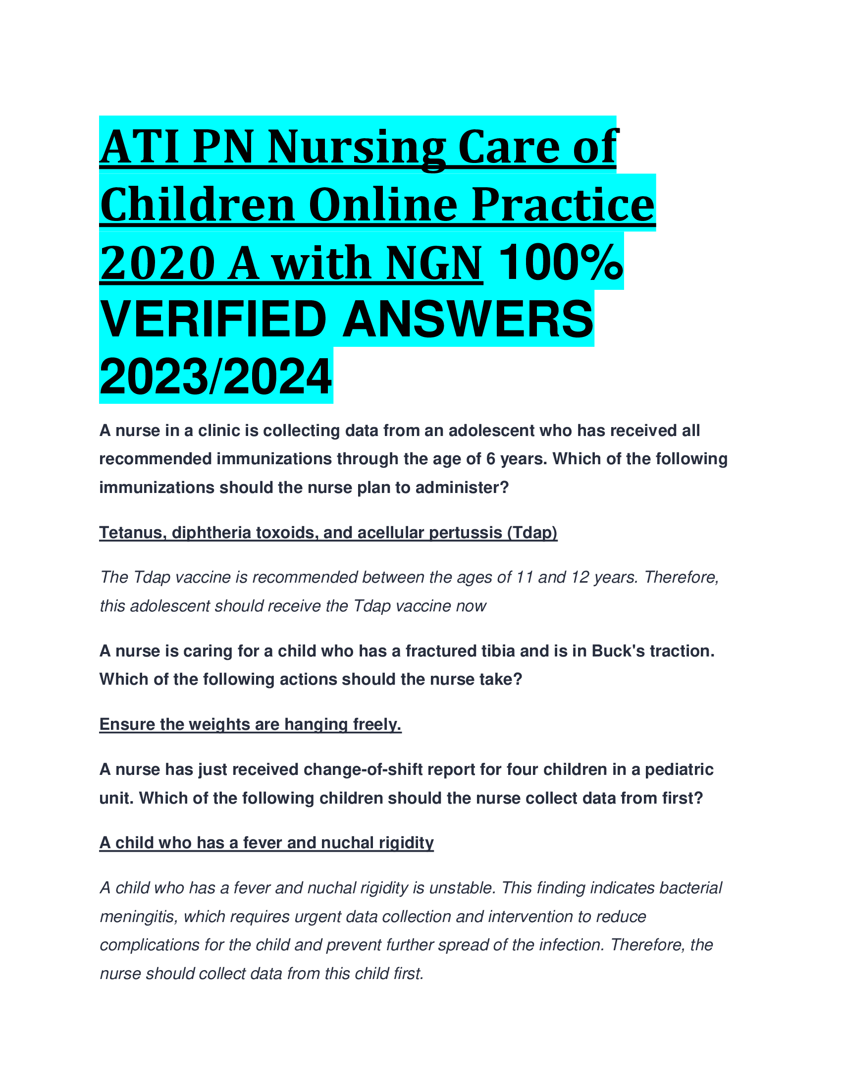ATI PN Nursing Care of Children Online Practice 2020 A with NGN  VERIFIED ANSWERS  2023,2024