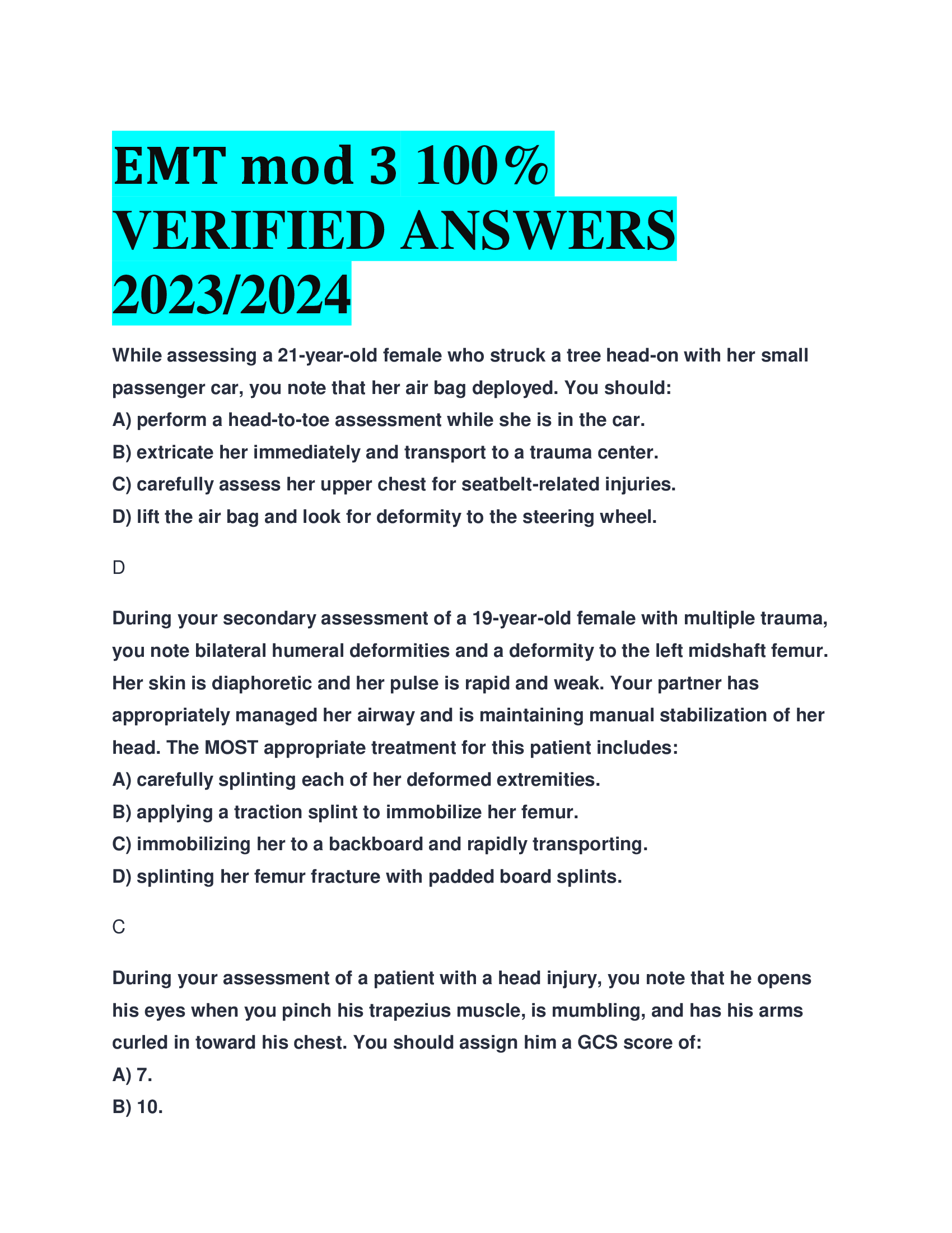 EMT mod 3  VERIFIED ANSWERS  2023,2024