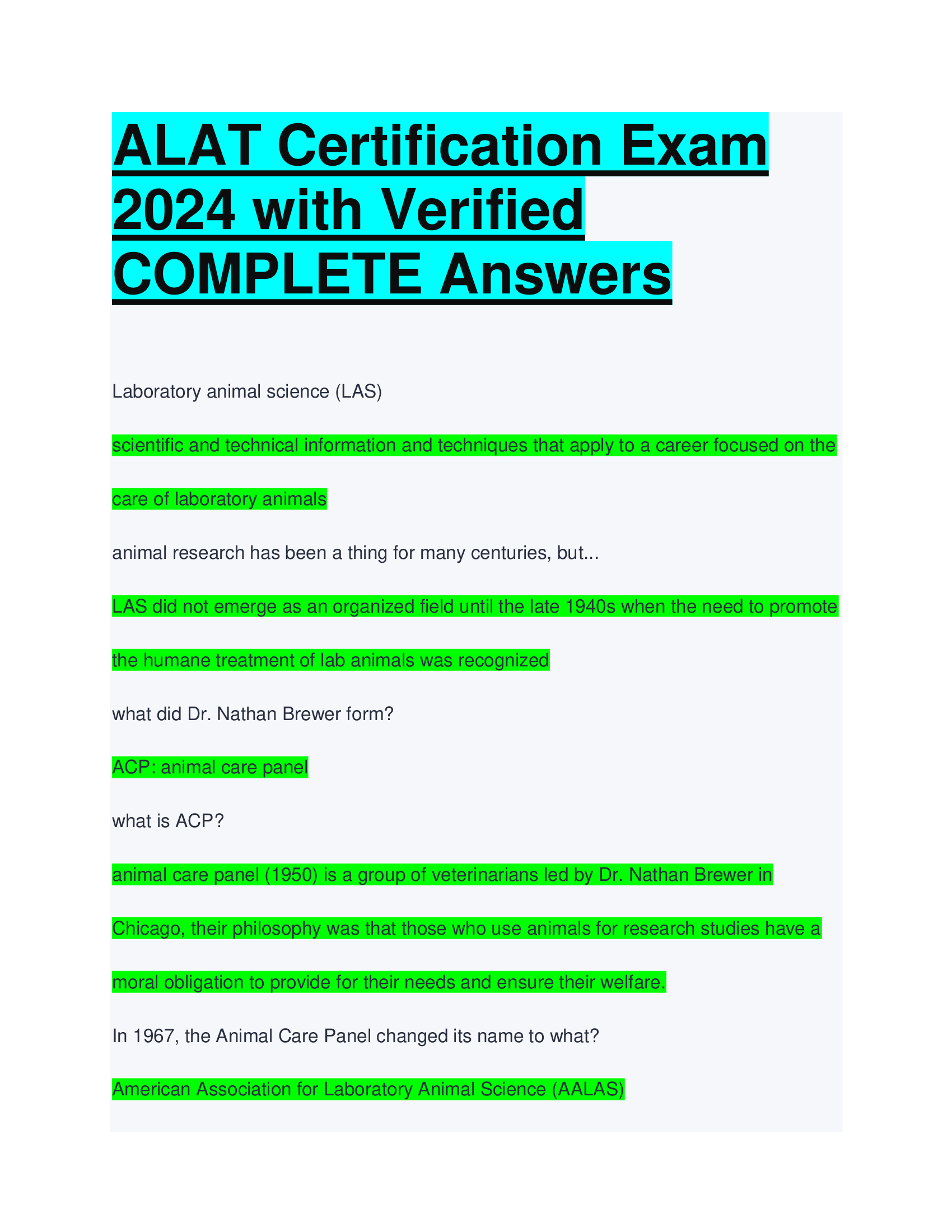 ALAT Certification Exam  2024 with Verified COMPLETE Answers
