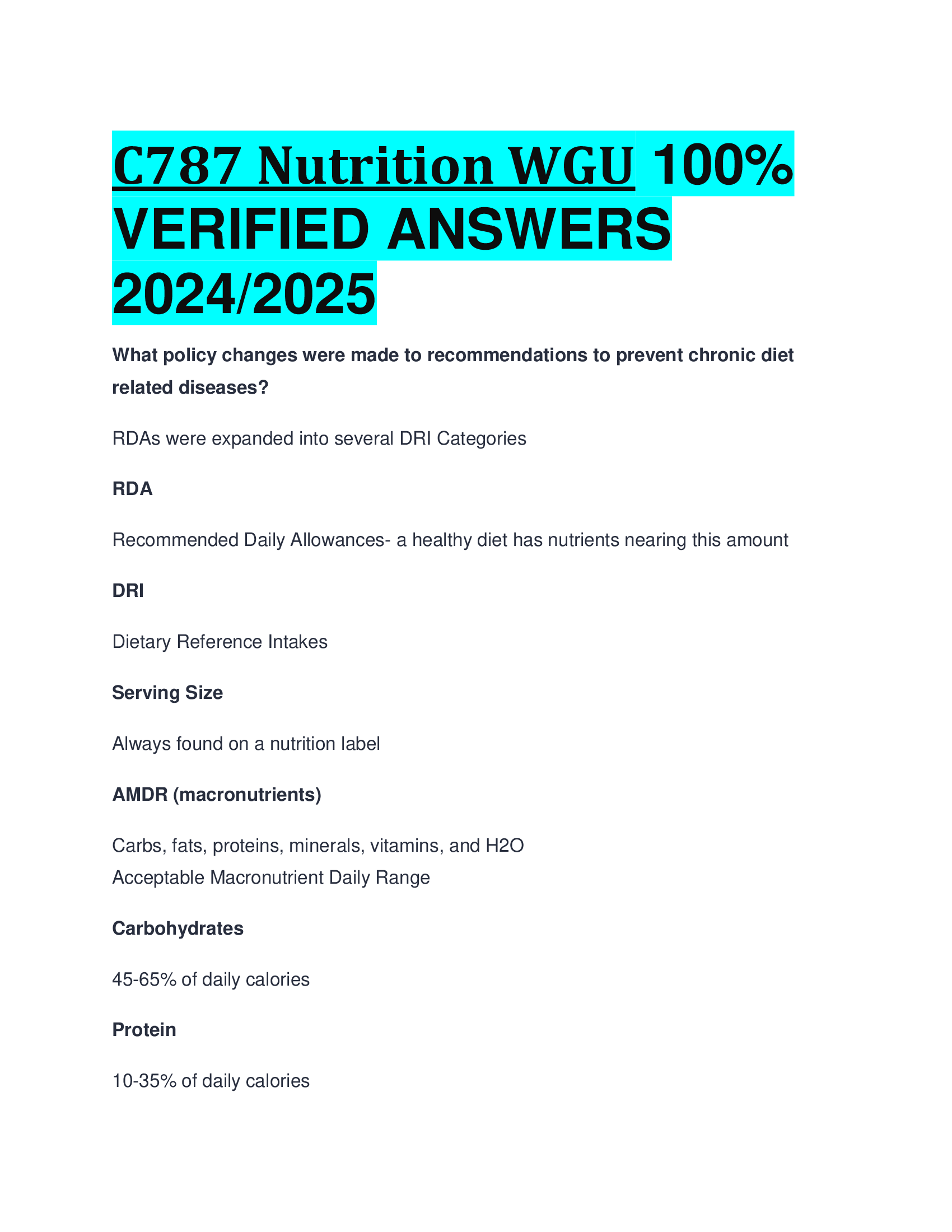 C787 Nutrition WGU VERIFIED ANSWERS  20242026