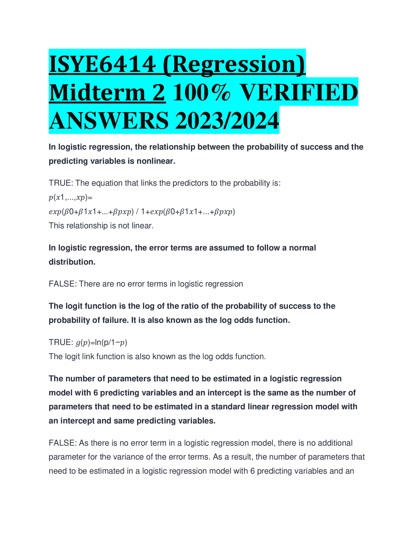 ISYE6414 (Regression) Midterm 2 VERIFIED  ANSWERS 2023,2024