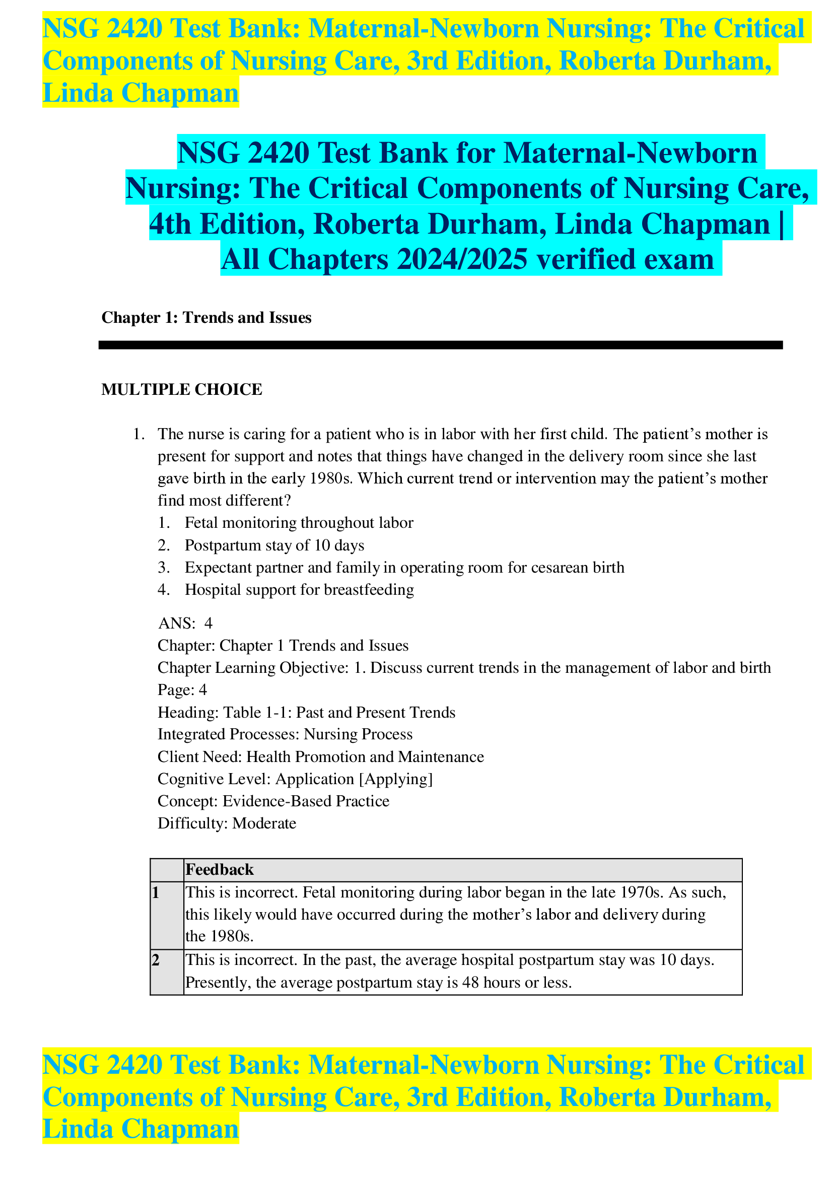 NSG 2420 Test Bank for Maternal-Newborn  Nursing: The Critical Components of Nursing Care,  4th Edition, Roberta Durham, Linda Chapman |  All Chapters 2024, 2026 verified exam
