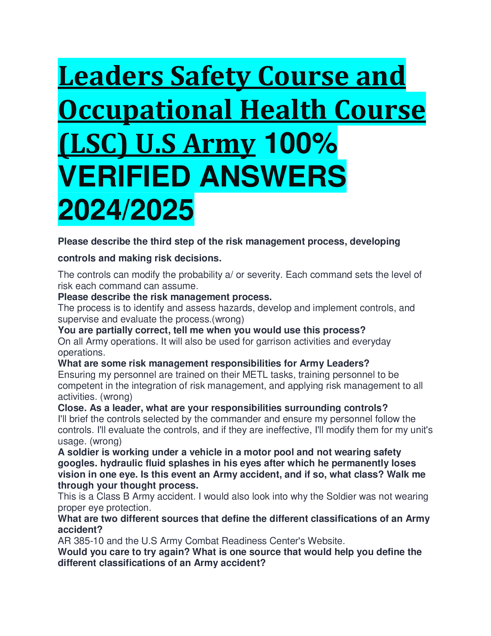 Leaders Safety Course and Occupational Health Course (LSC) U.S Army VERIFIED ANSWERS  20242026
