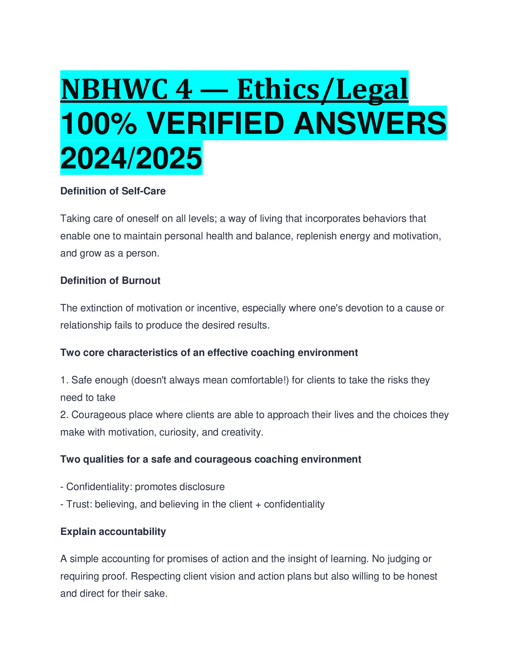 NBHWC 4 — Ethics/Legal VERIFIED ANSWERS  20242026
