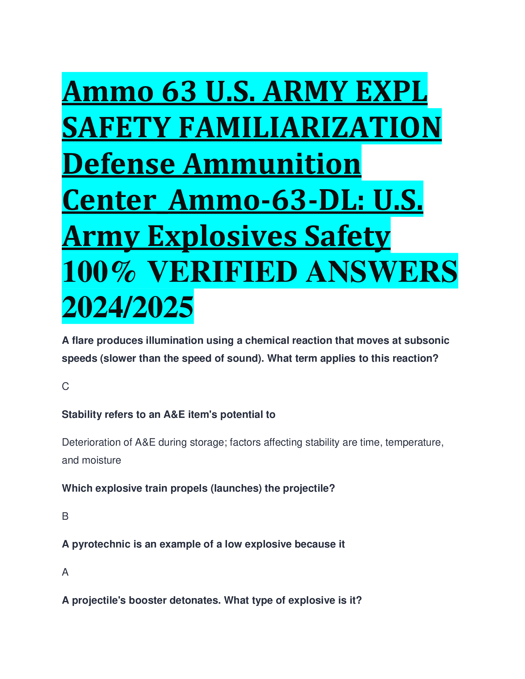 Ammo 63 U.S. ARMY EXPL SAFETY FAMILIARIZATION Defense Ammunition Center_Ammo-63-DL: U.S. Army Explosives Safety  VERIFIED ANSWERS  20242026