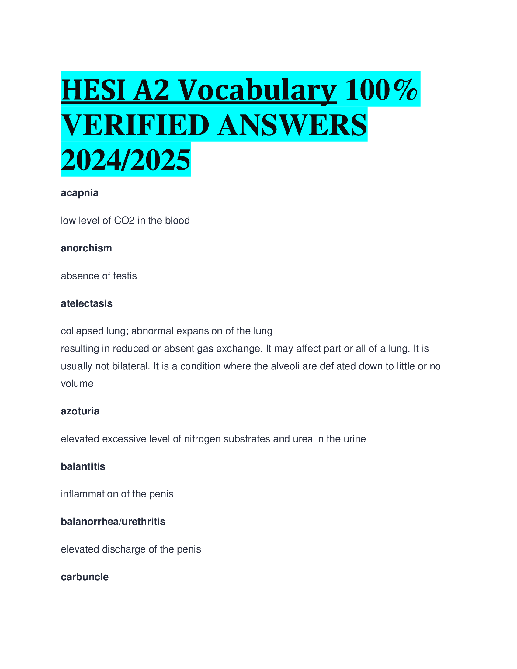 HESI A2 Vocabulary VERIFIED ANSWERS  20242026