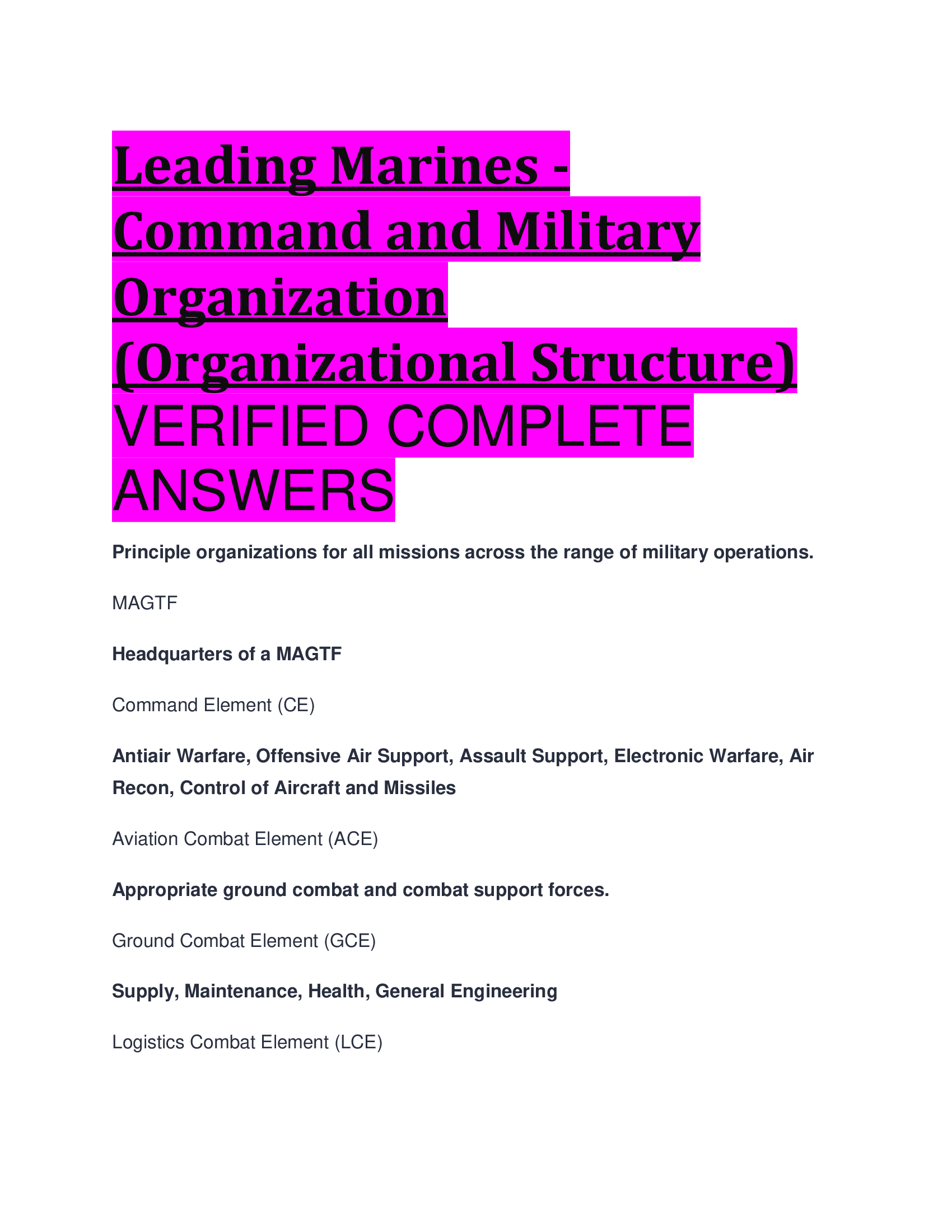 Leading Marines - Command and Military Organization (Organizational Structure) VERIFIED COMPLETE  ANSWERS