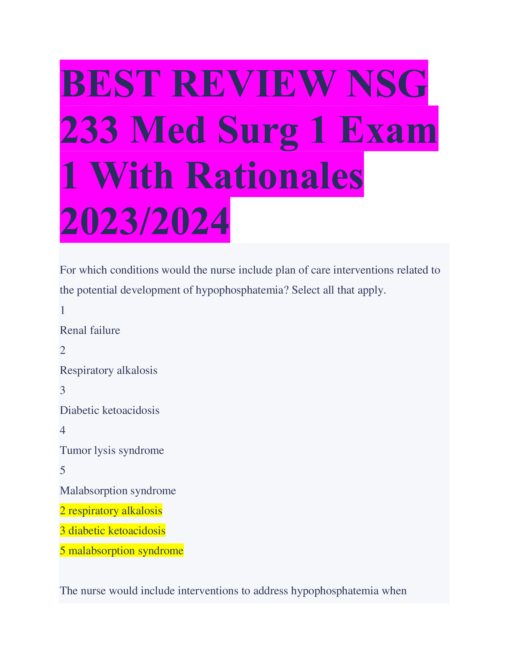 BEST REVIEW NSG  233 Med Surg 1 Exam  1 With Rationales 2023, 2024