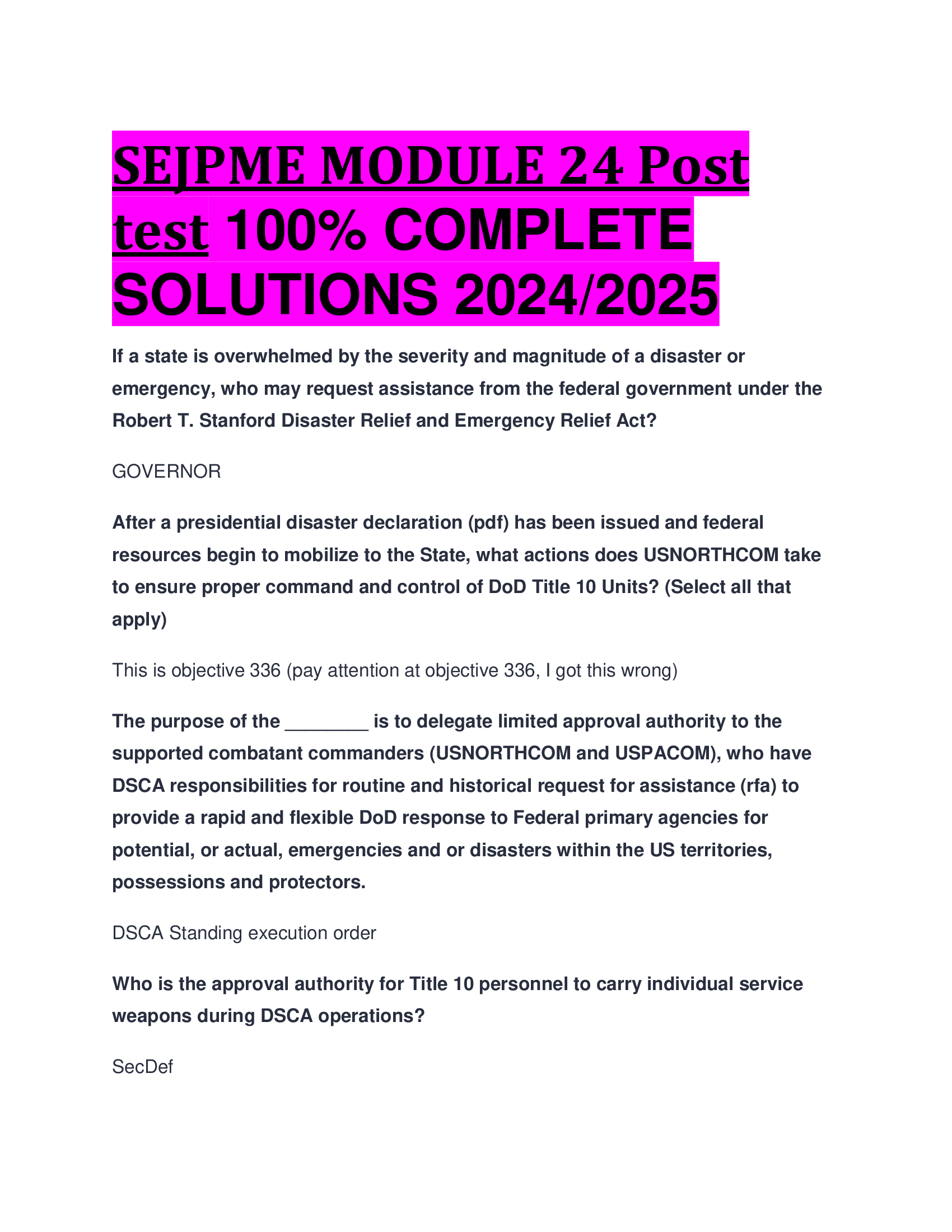 SEJPME MODULE 24 Post test COMPLETE  SOLUTIONS 2024, 2026