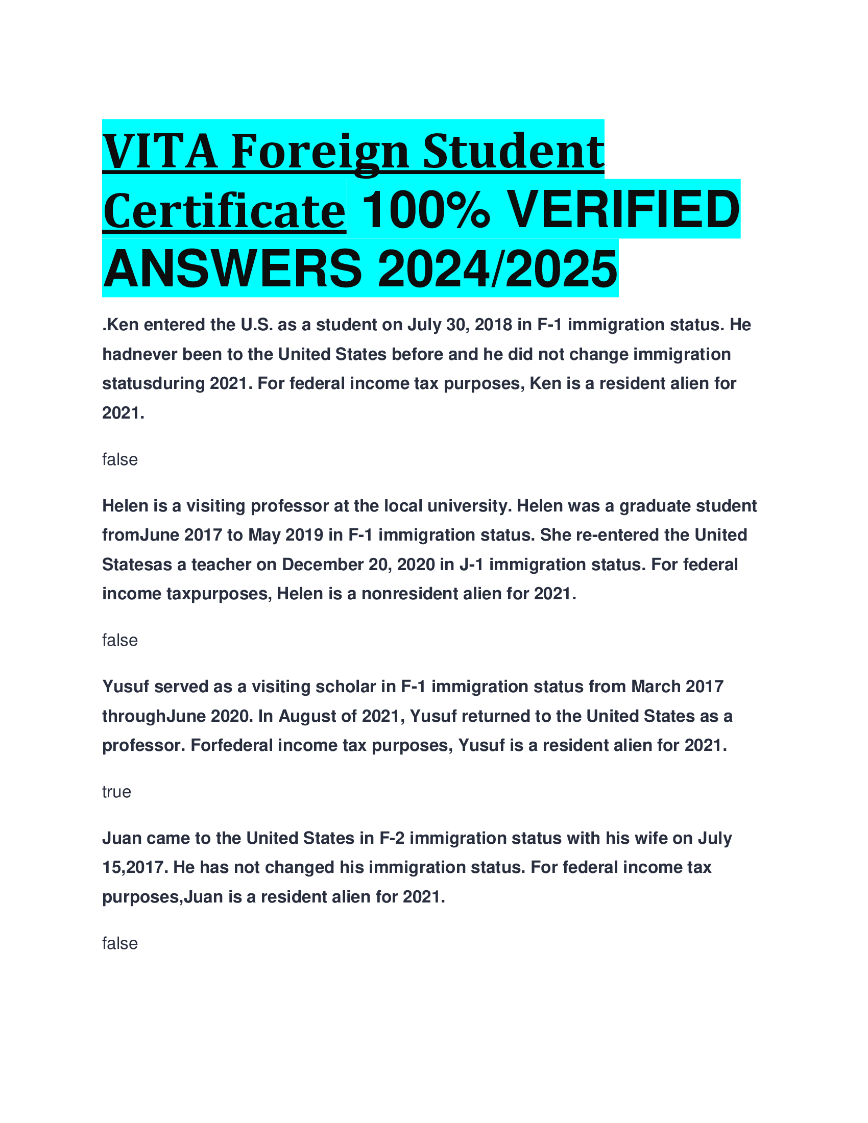 VITA Foreign Student Certificate VERIFIED  ANSWERS 20242026