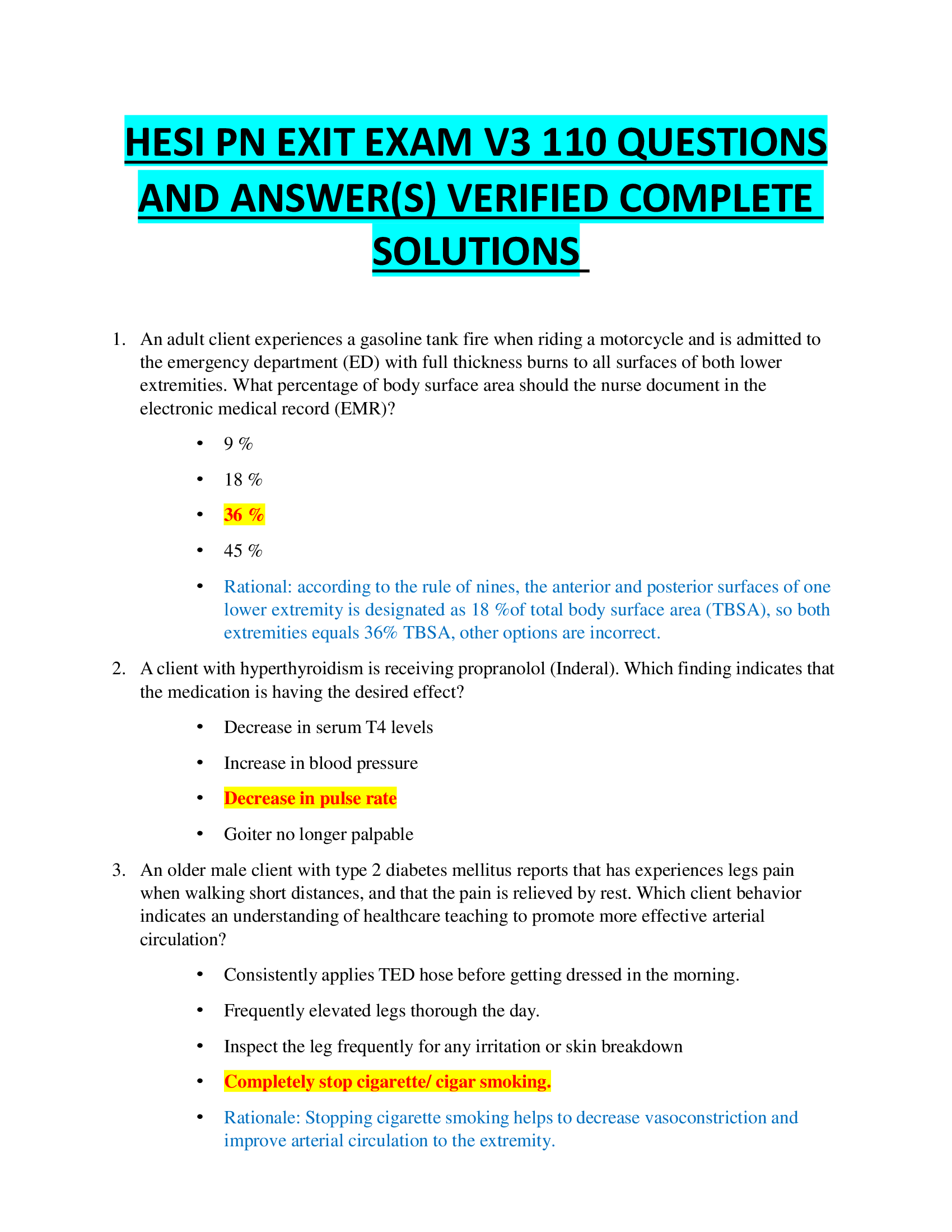 HESI PN EXIT EXAM V3 110 QUESTIONS AND ANSWER(S) VERIFIED COMPLETE  SOLUTIONS