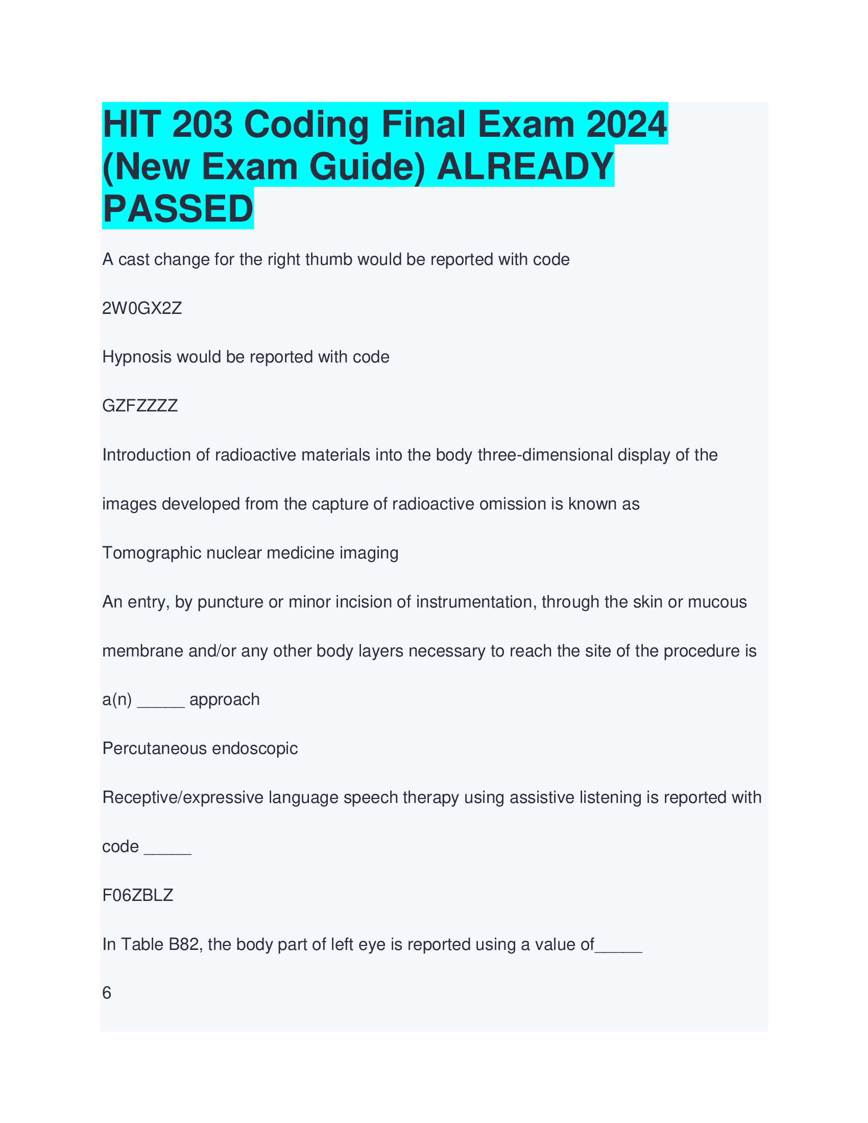 HIT 203 Coding Final Exam 2024 (New Exam Guide) ALREADY  PASSED