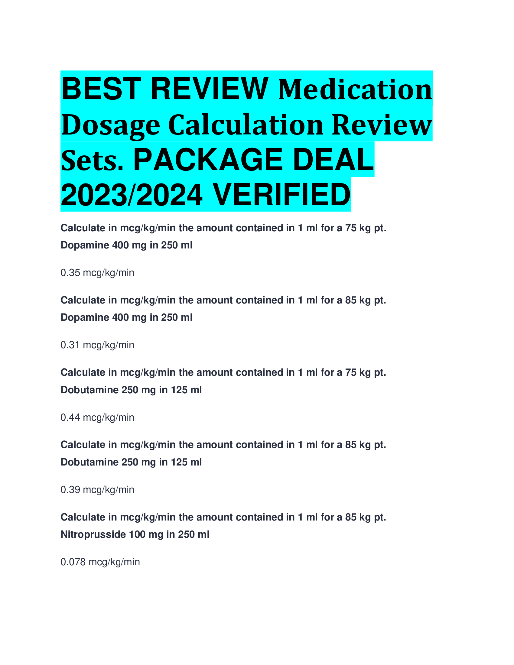 BEST REVIEW Medication Dosage Calculation Review Sets. PACKAGE DEAL  2023,2024 VERIFIED