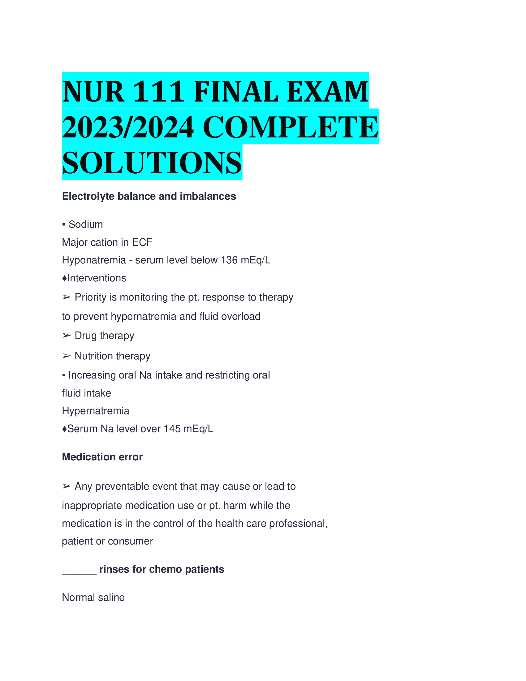NUR 111 FINAL EXAM 2023,2024 COMPLETE  SOLUTIONS