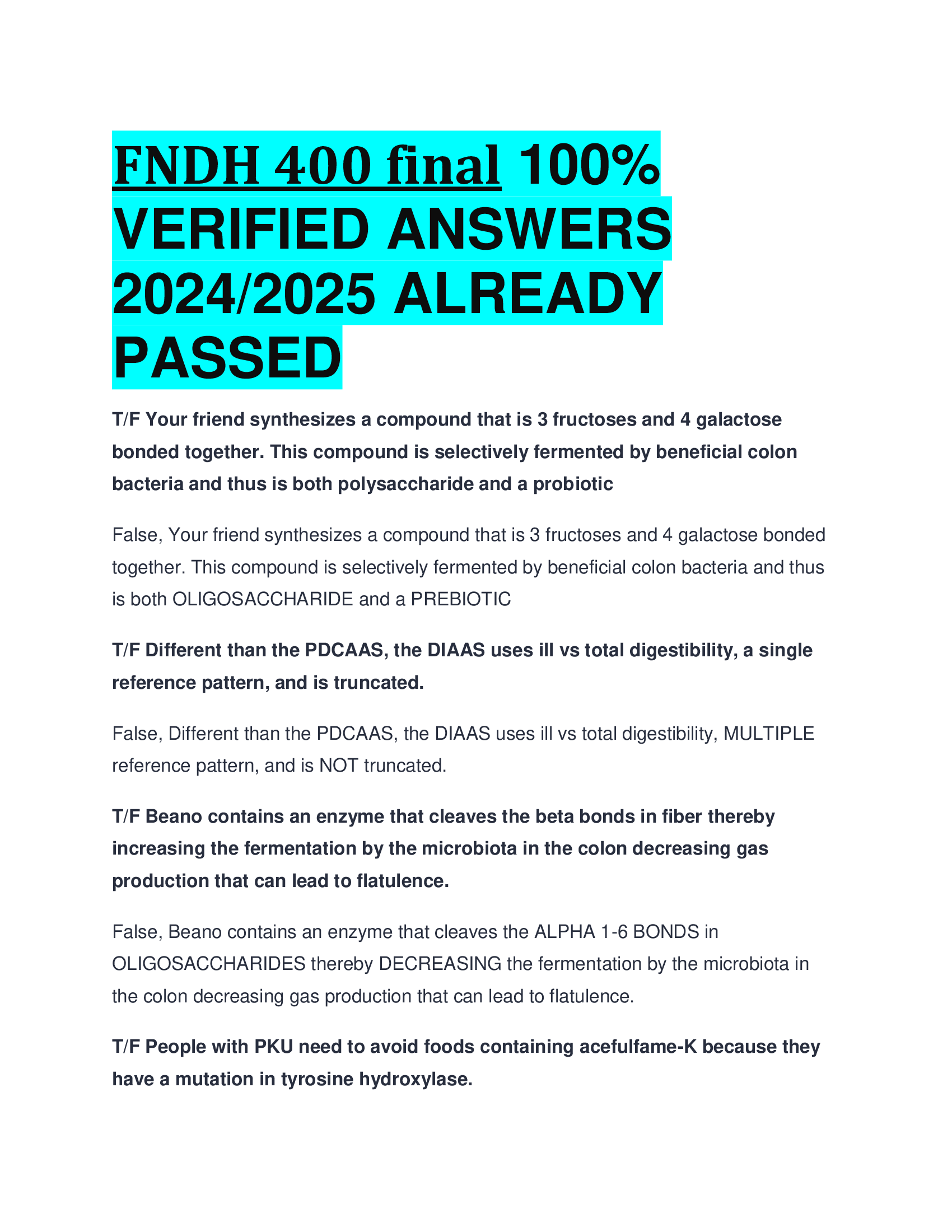 FNDH 400 final VERIFIED ANSWERS  20242026 ALREADY  PASSED