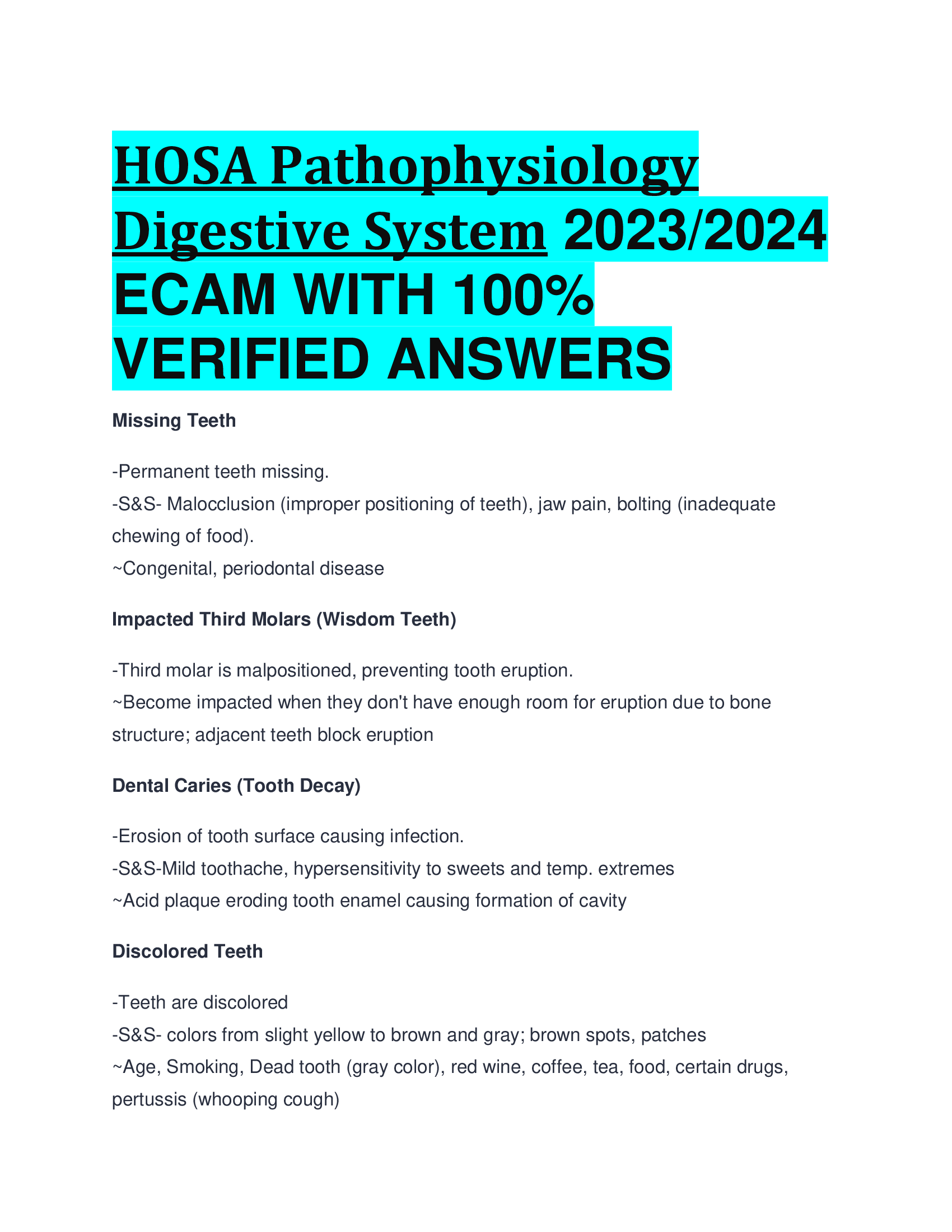 HOSA Pathophysiology Digestive System 2023,2024  ECAM WITH VERIFIED ANSWERS