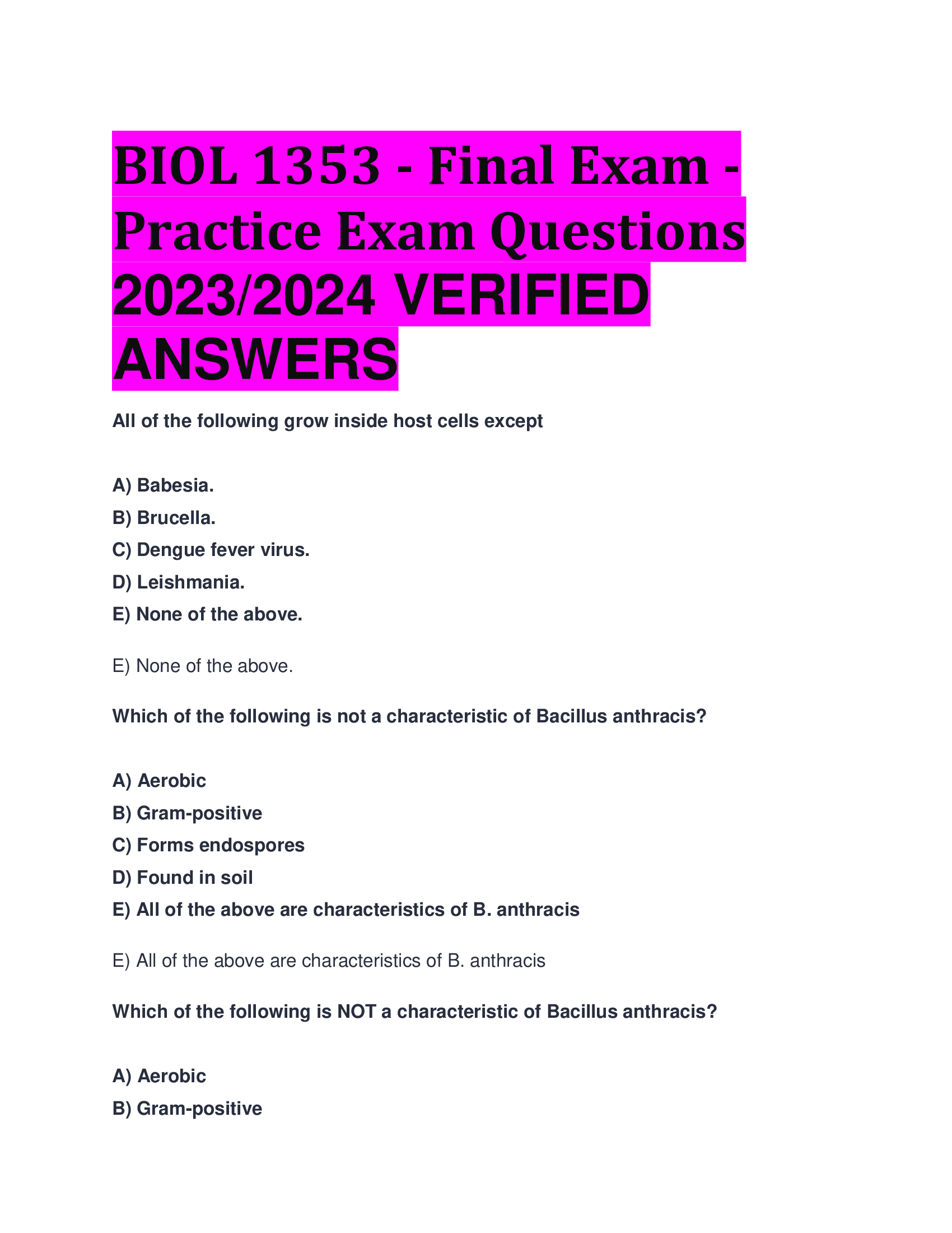 BIOL 1353 - Final Exam - Practice Exam Questions 2023,2024 VERIFIED  ANSWERS