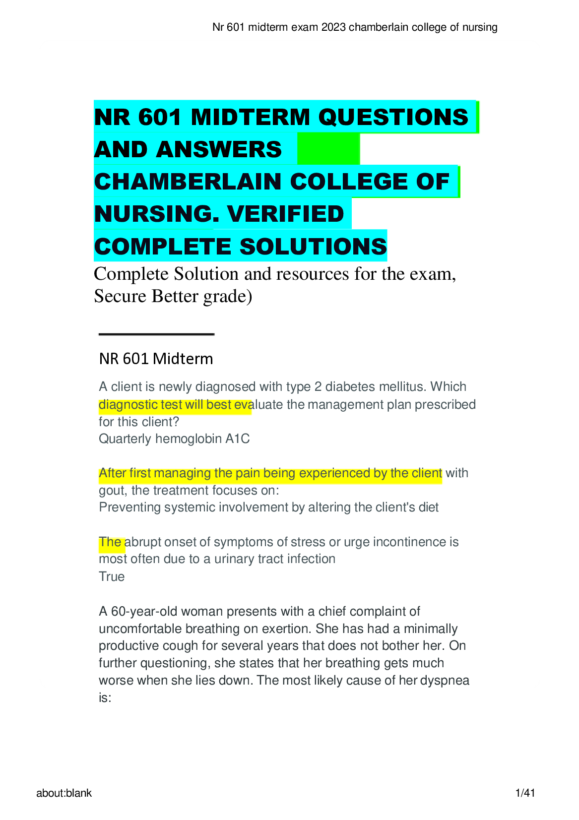 NR 601 MIDTERM QUESTIONS  AND ANSWERS  CHAMBERLAIN COLLEGE OF  NURSING. VERIFIED  COMPLETE SOLUTIONS