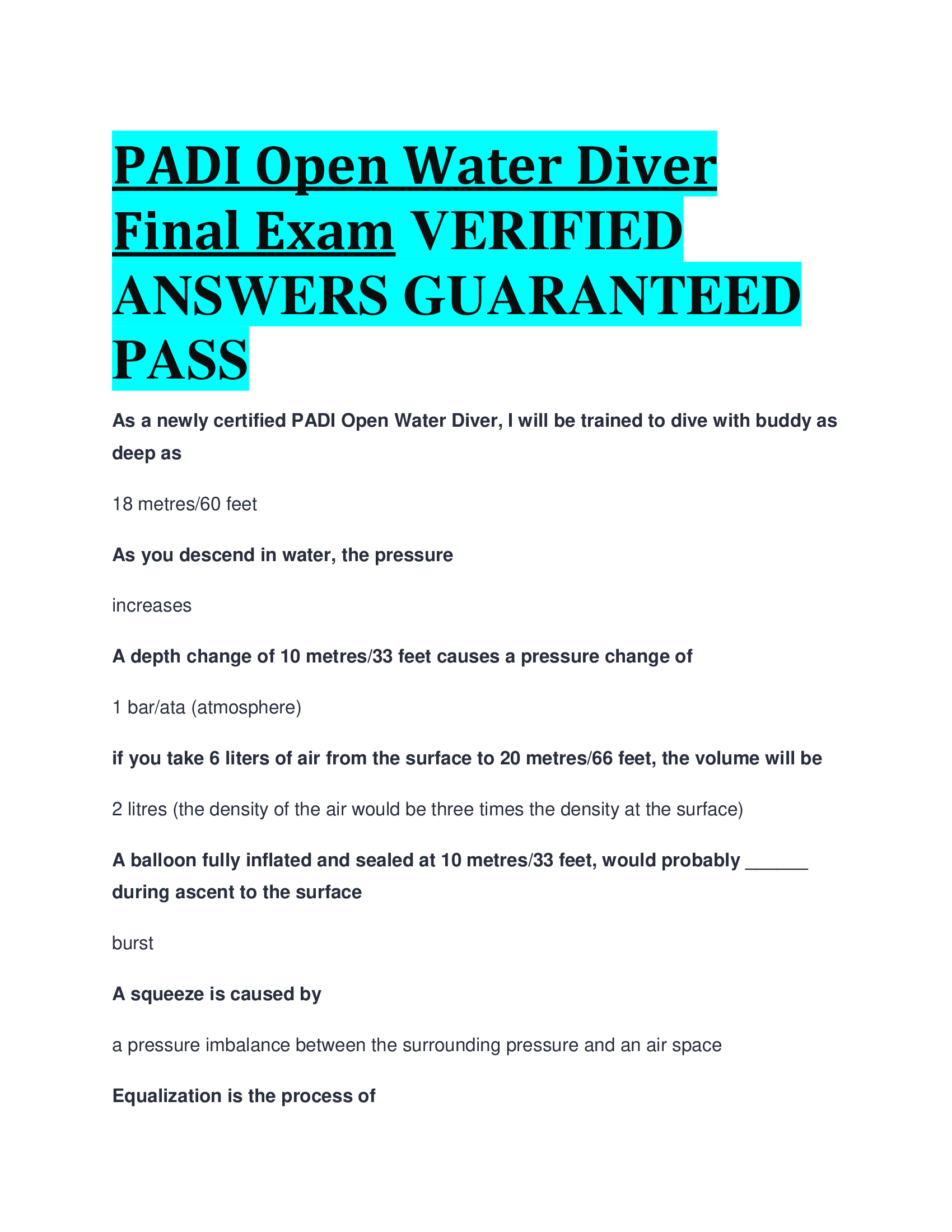 PADI Open Water Diver Final Exam VERIFIED  ANSWERS GUARANTEED  PASS