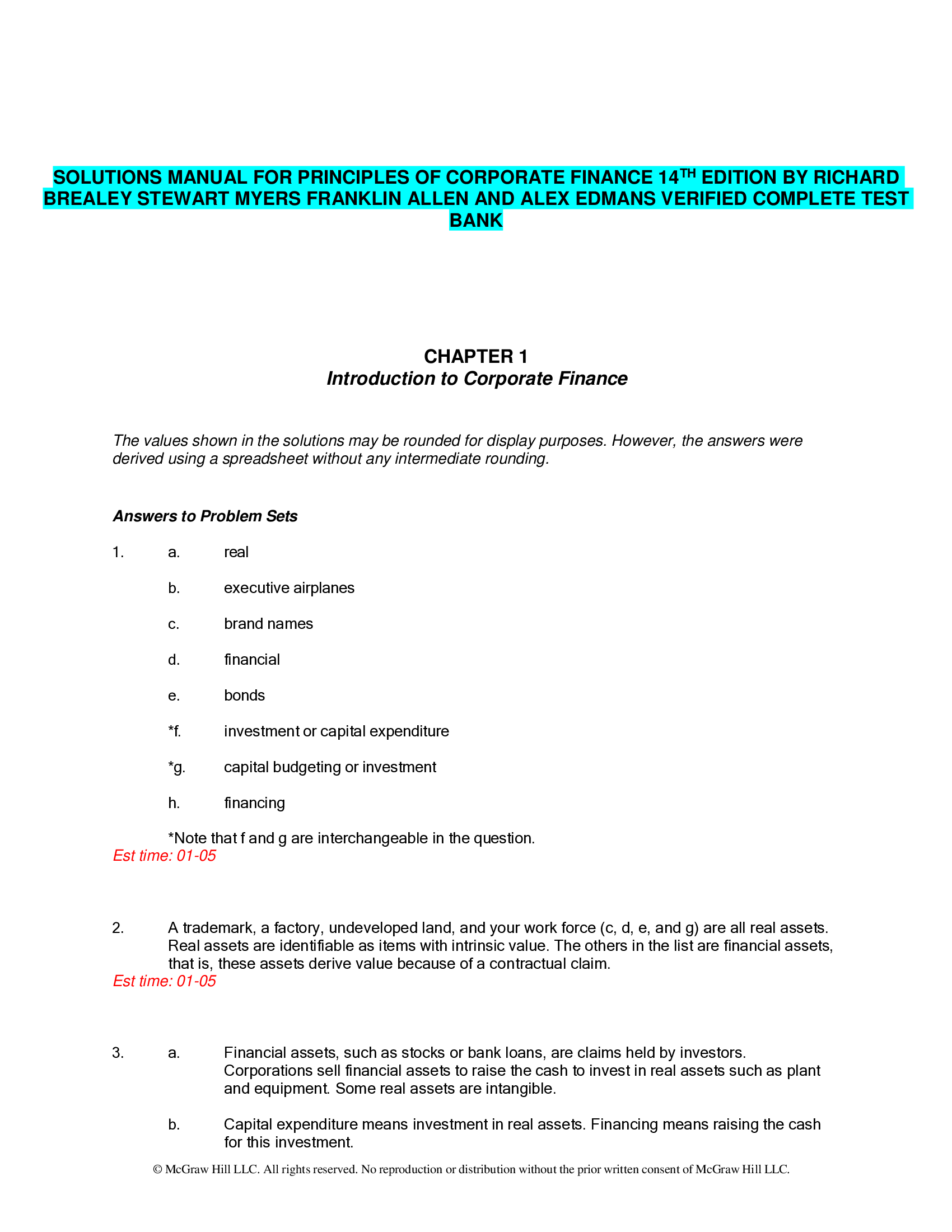SOLUTIONS MANUAL FOR PRINCIPLES OF CORPORATE FINANCE 14TH EDITION BY RICHARD  BREALEY STEWART MYERS FRANKLIN ALLEN AND ALEX EDMANS VERIFIED COMPLETE TEST  BANK