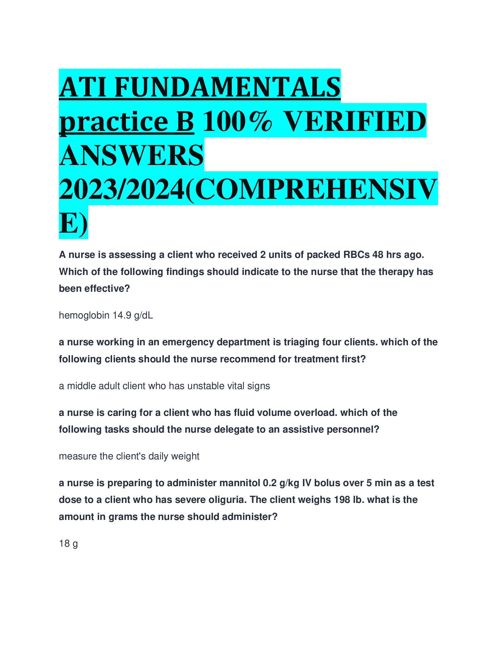 ATI FUNDAMENTALS practice B VERIFIED  ANSWERS  2023,2024(COMPREHENSIV E)